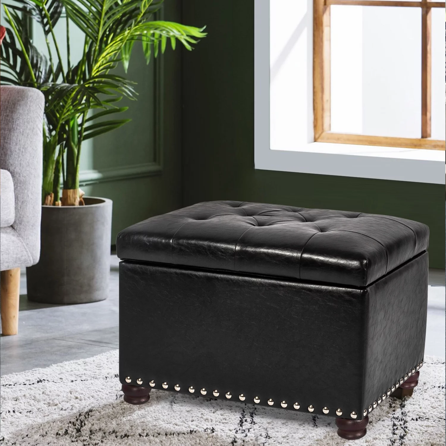 Homebeez Modern Tufted Bedroom Storage Ottoman Bench, PU Lift Top Upholstered Foam Padded Rectangular Footstool