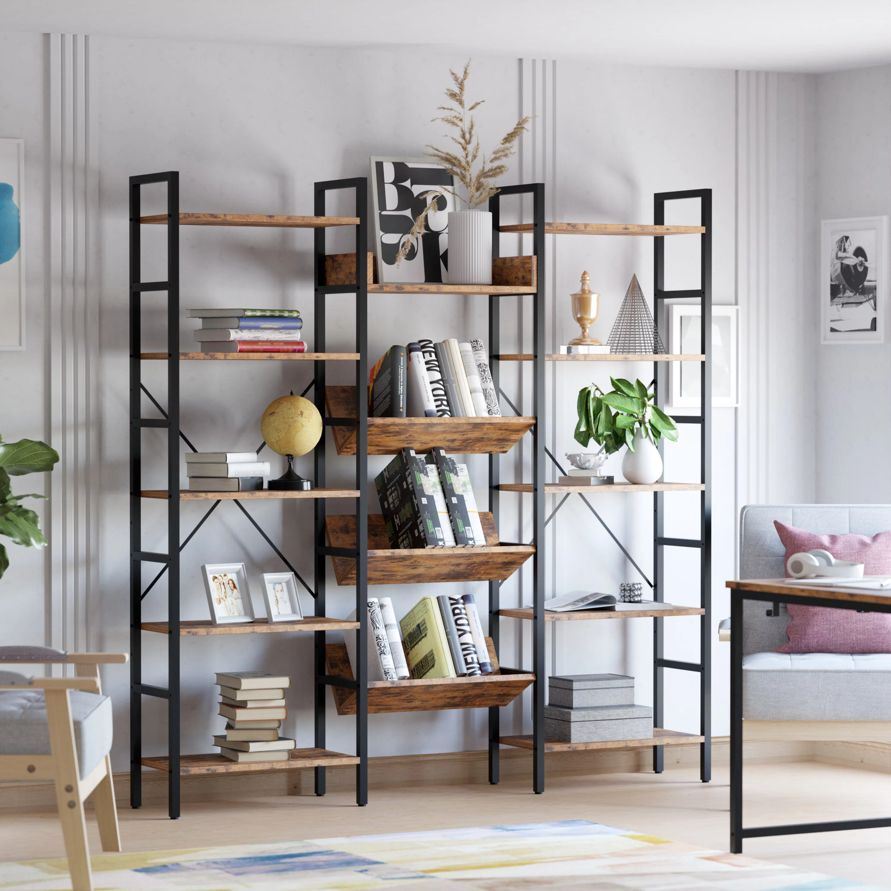 IRONCK Bookcases and Bookshelves 5 Tiers Industrial Triple Bookshelf, Large Record Player Shelves with Metal Frame for Living Room Bedroom Home Office