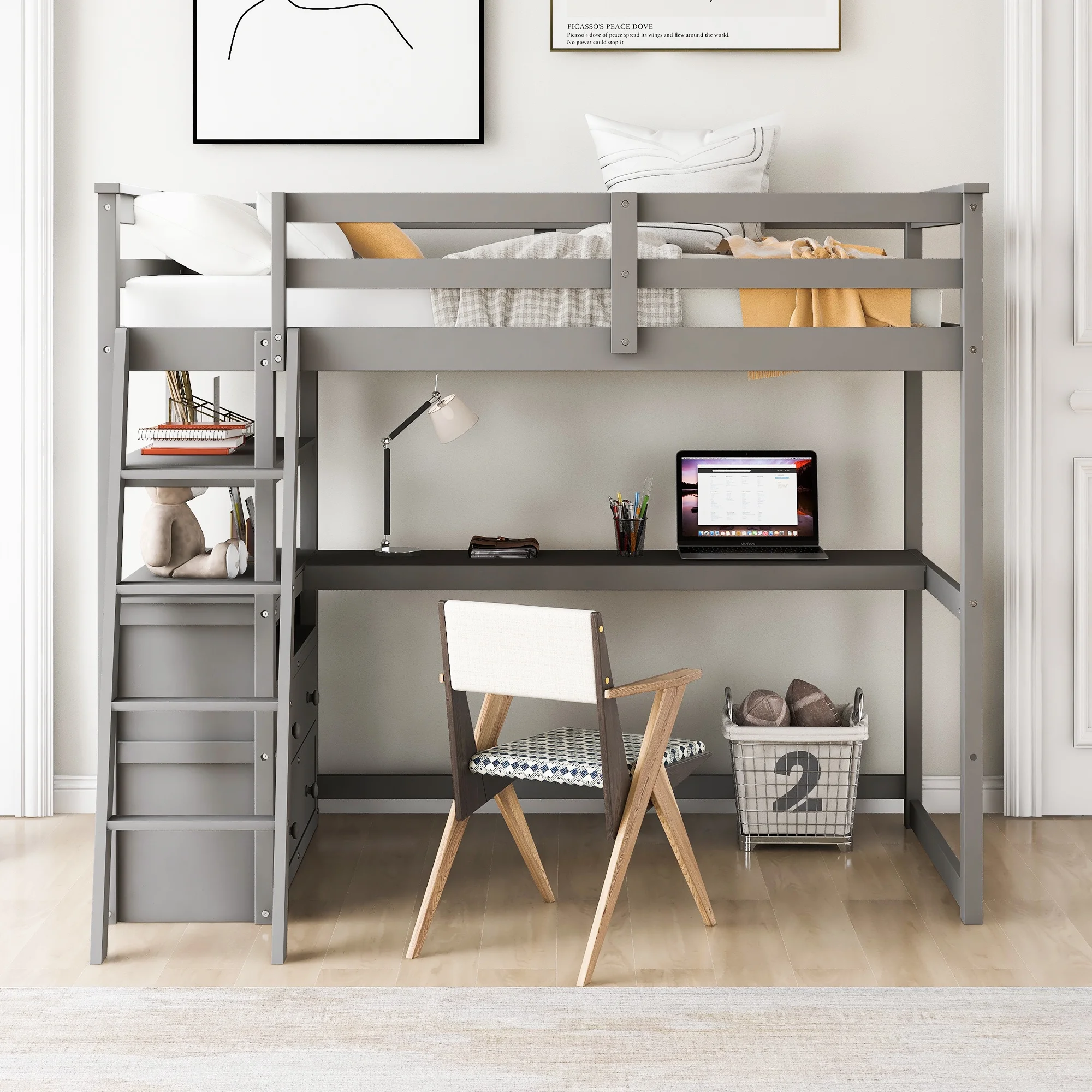Livspace Twin Size Loft Bed with Desk and Shelves, Two Built-in Drawers, Gray