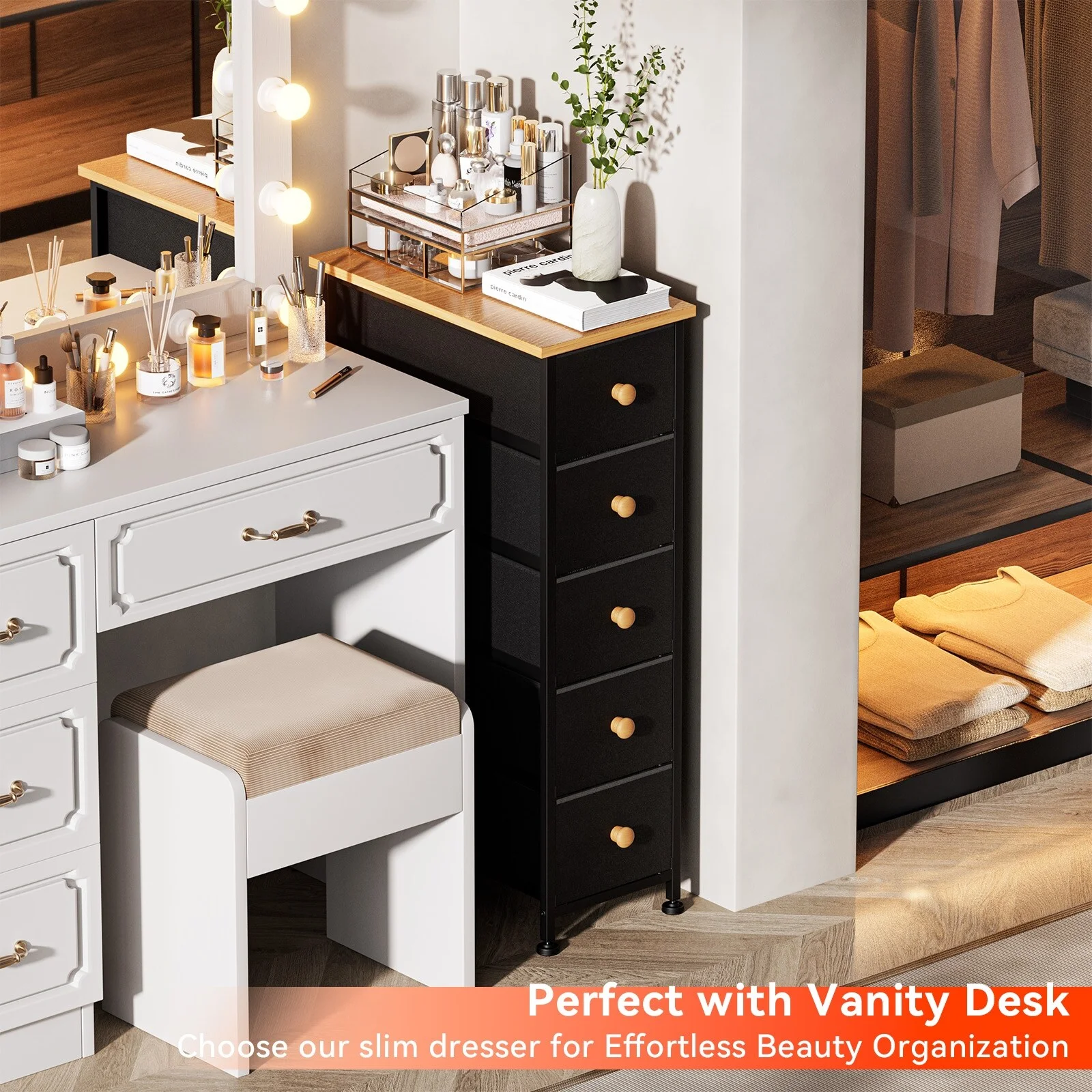 5 Narrow Drawers Dresser for Bedroom, Bathroom, Vanity, Black, Wood Top 5-drawer