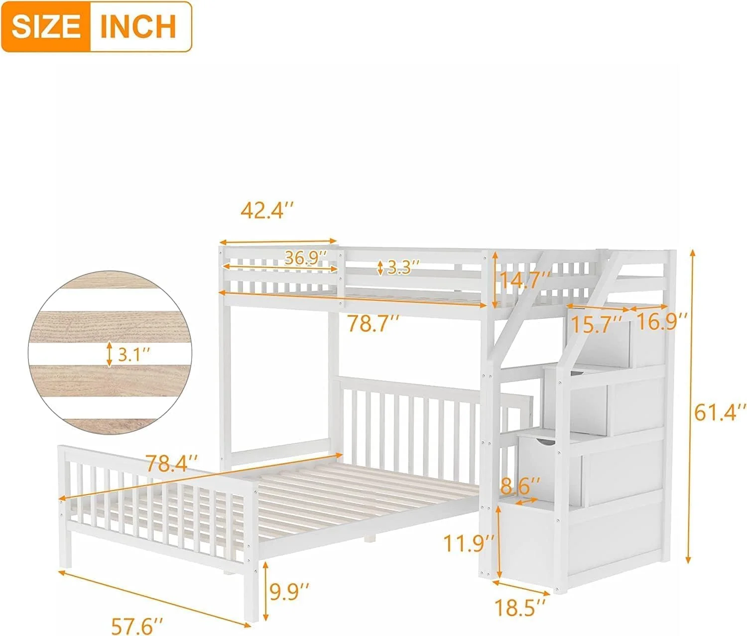 Over Full Bunk Beds With Storage Stairs, Wooden Stairway Bunk Beds With Removable Bottom Bed And Guardrails For Kids Girls Boys,No Box Spring Needed (White)