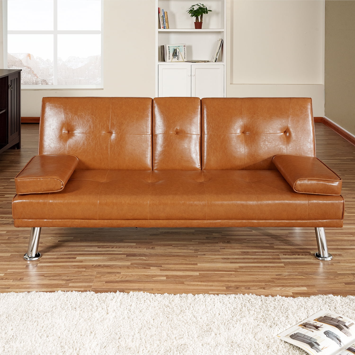 Naomi Home Three Positions Futon Sofa with Armrest and Cupholders-Color:Caramel