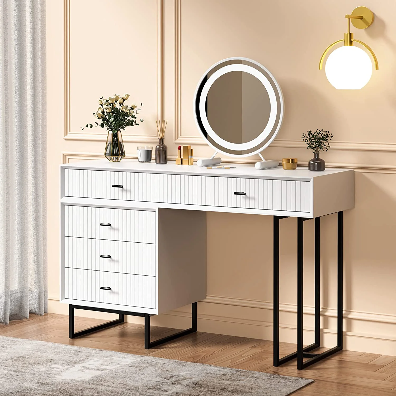 Makeup Vanity Desk Set with Drawers, Large Modern Makeup Dressing Table Bedroom Vanity Sets Storage Dresser Furniture Set