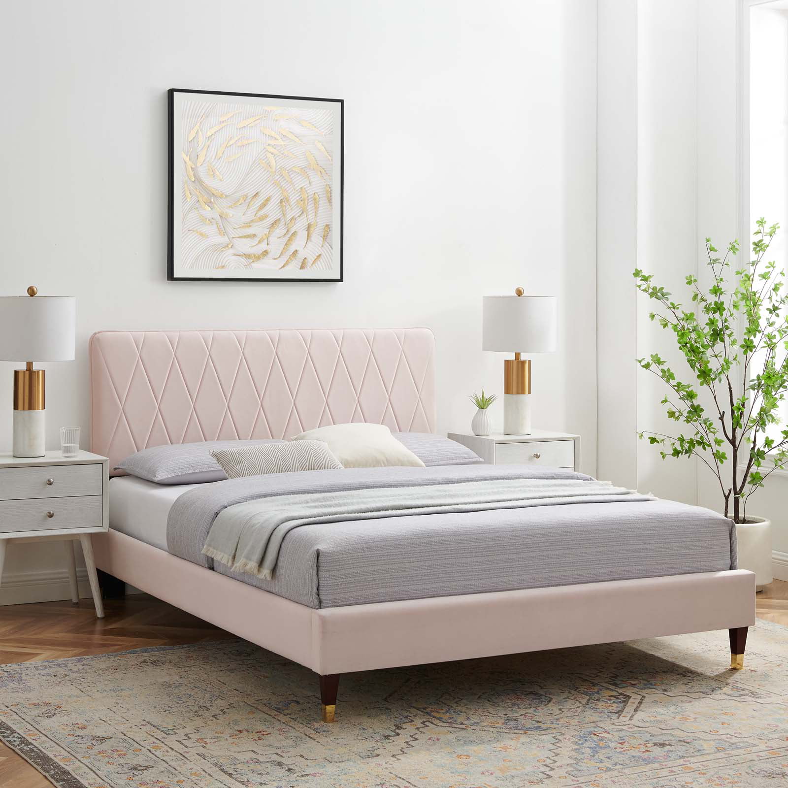 Platform Bed Frame, King Size, Velvet, Pink, Modern Contemporary Urban Design, Bedroom Master Guest Suite