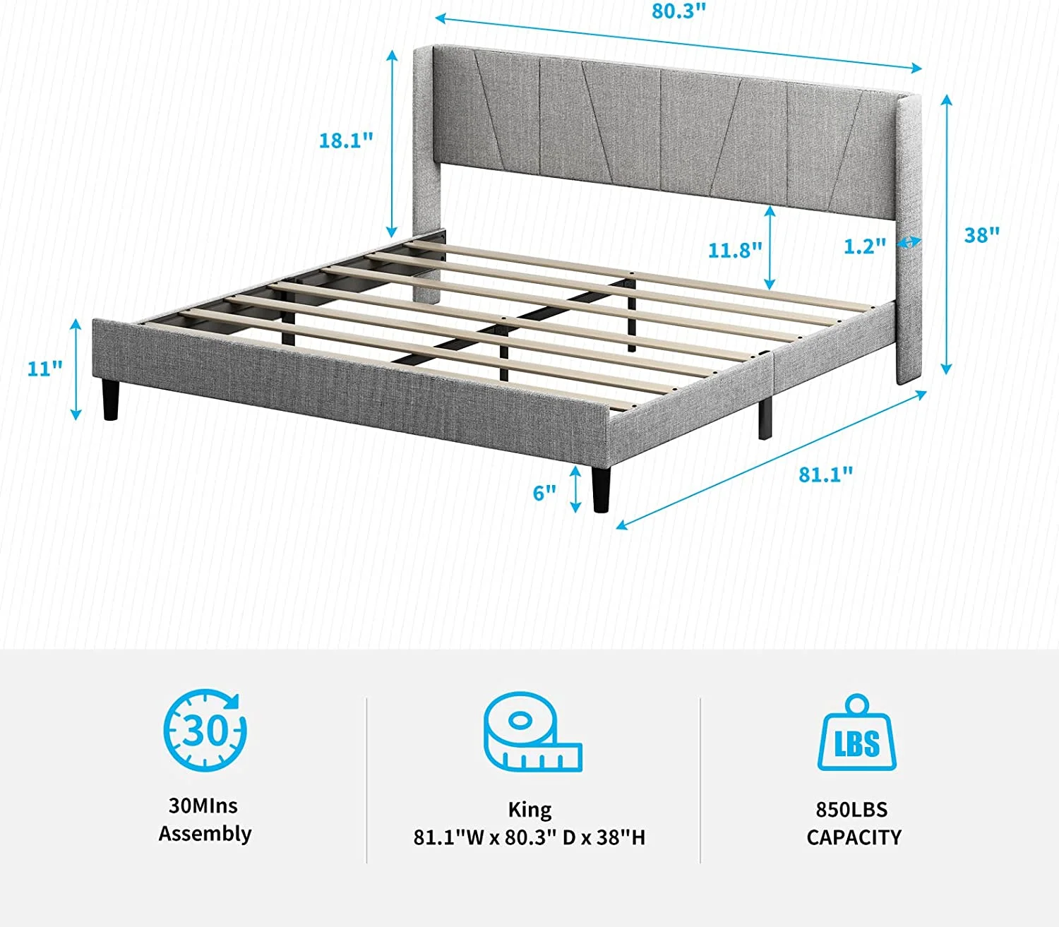 Mjkone King Upholstered Wingback Platform Bed Frame with Modern Headboard/Mattress Foundation with Wood Slat Support,No Box Spring Needed/Easy Assembly, Light Grey