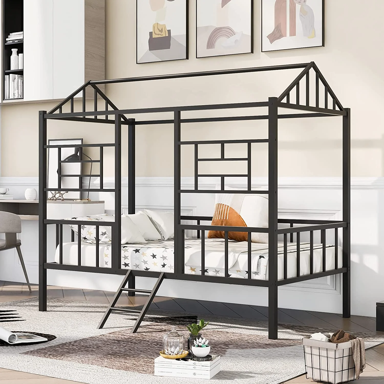 Metal Size House Loft Bed For Kids, Low Loft Bed With Roof And Ladder, Junoir Loft Bed For Girls Boys,Playhouse Bed Frame, Black