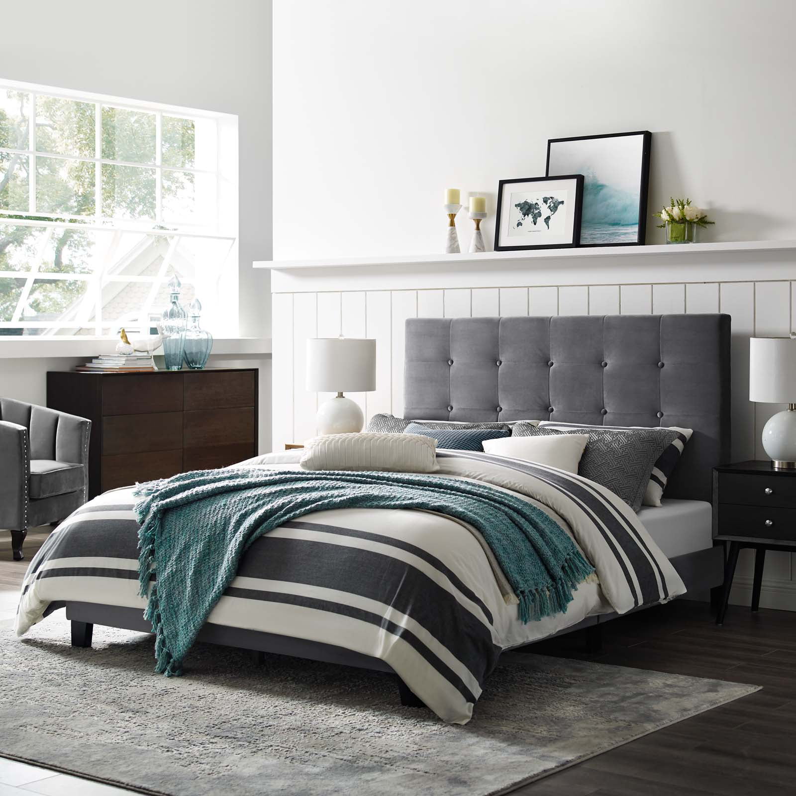 Contemporary Modern Urban Designer Bedroom Full Size Platform Bed Frame, Velvet Fabric, Grey Gray