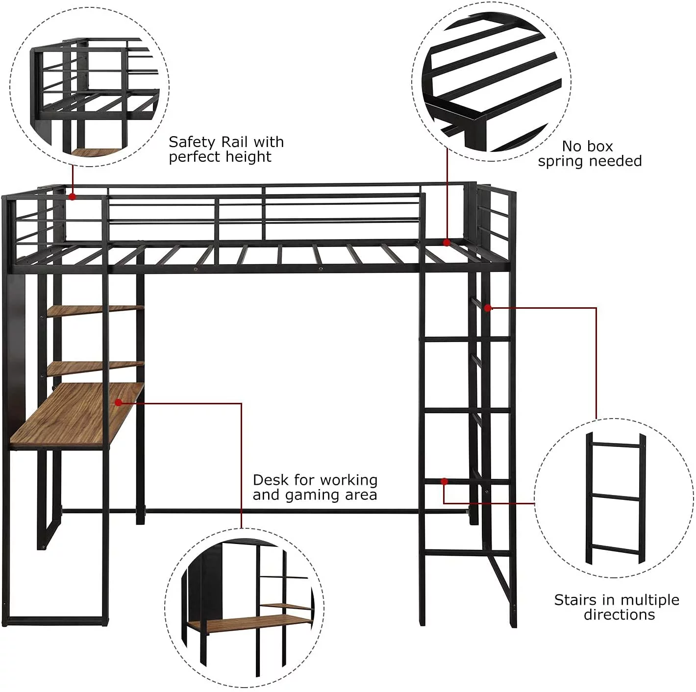 Twin Size Metal Loft Bed with 2 Shelves and One Desk, Build-in Ladders and Length Guardrails, Space-Saving Design, Twin Bed Frame for Kids/Teens (Black)