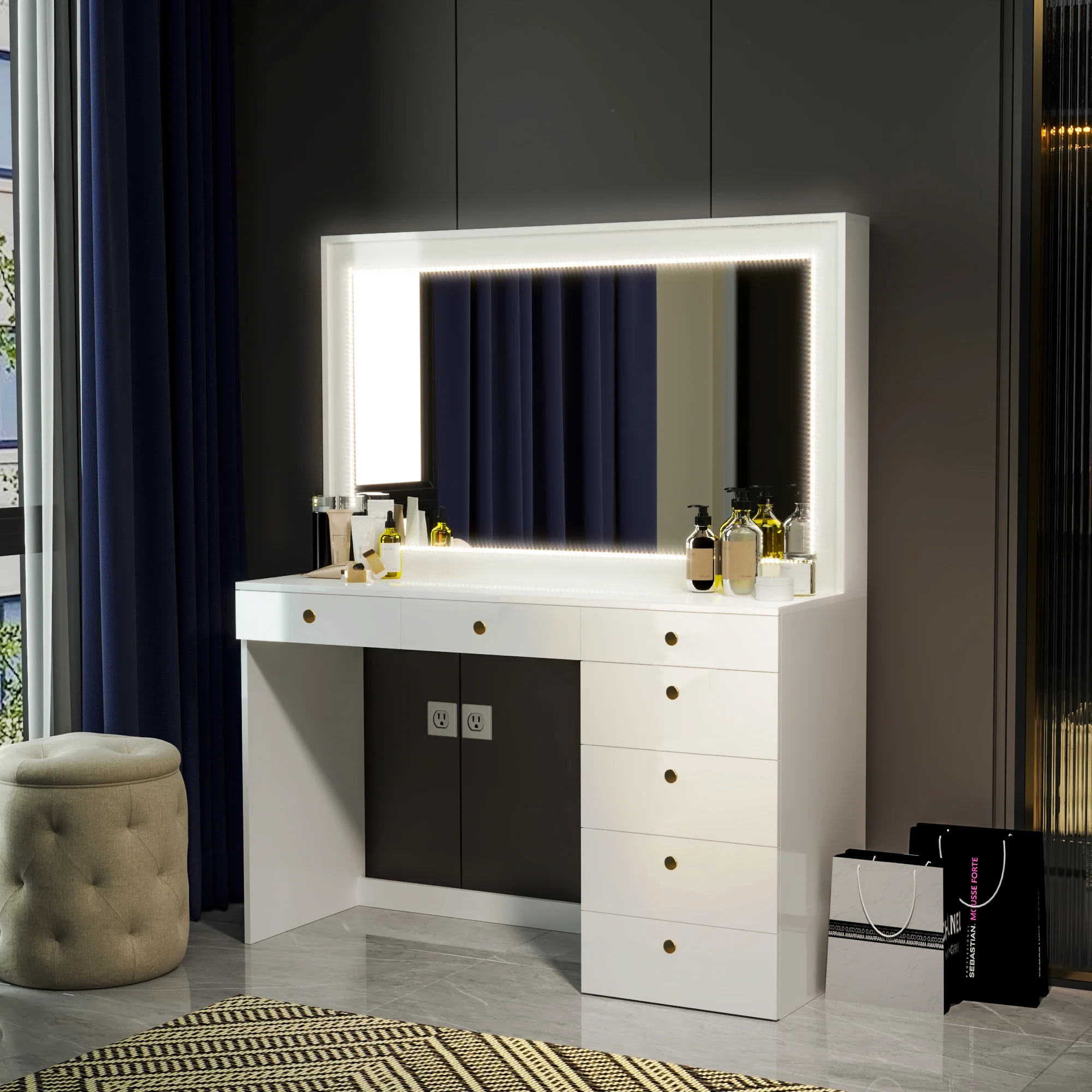 Boahaus Modern White Makeup Vanity Table with LED Lights, Golden Knobs, for Bedroom