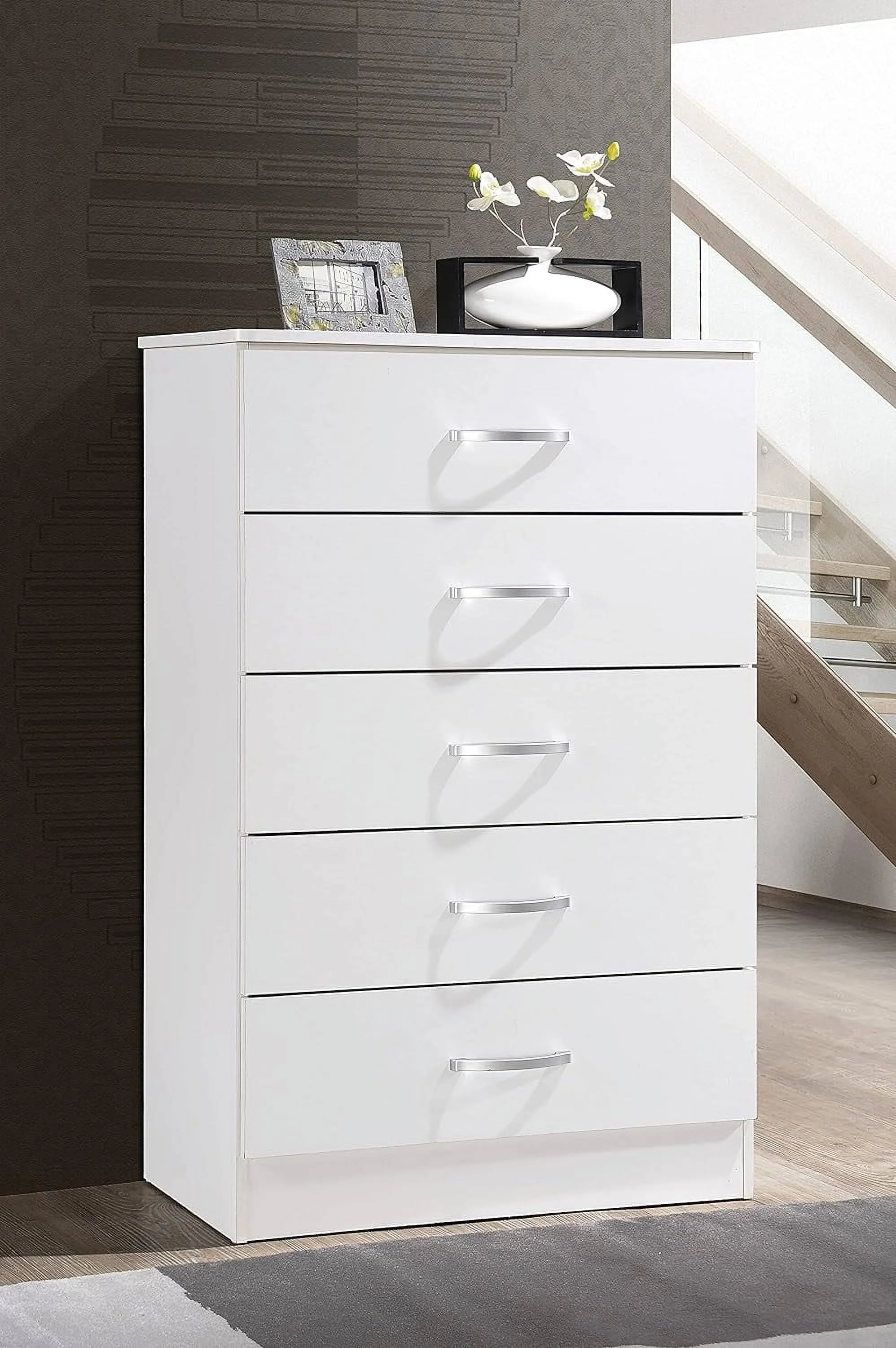 5 Drawer Wood Dresser For Bedroom, Chest Of Drawers With Metal Rails For Support When Storing Clothing, White