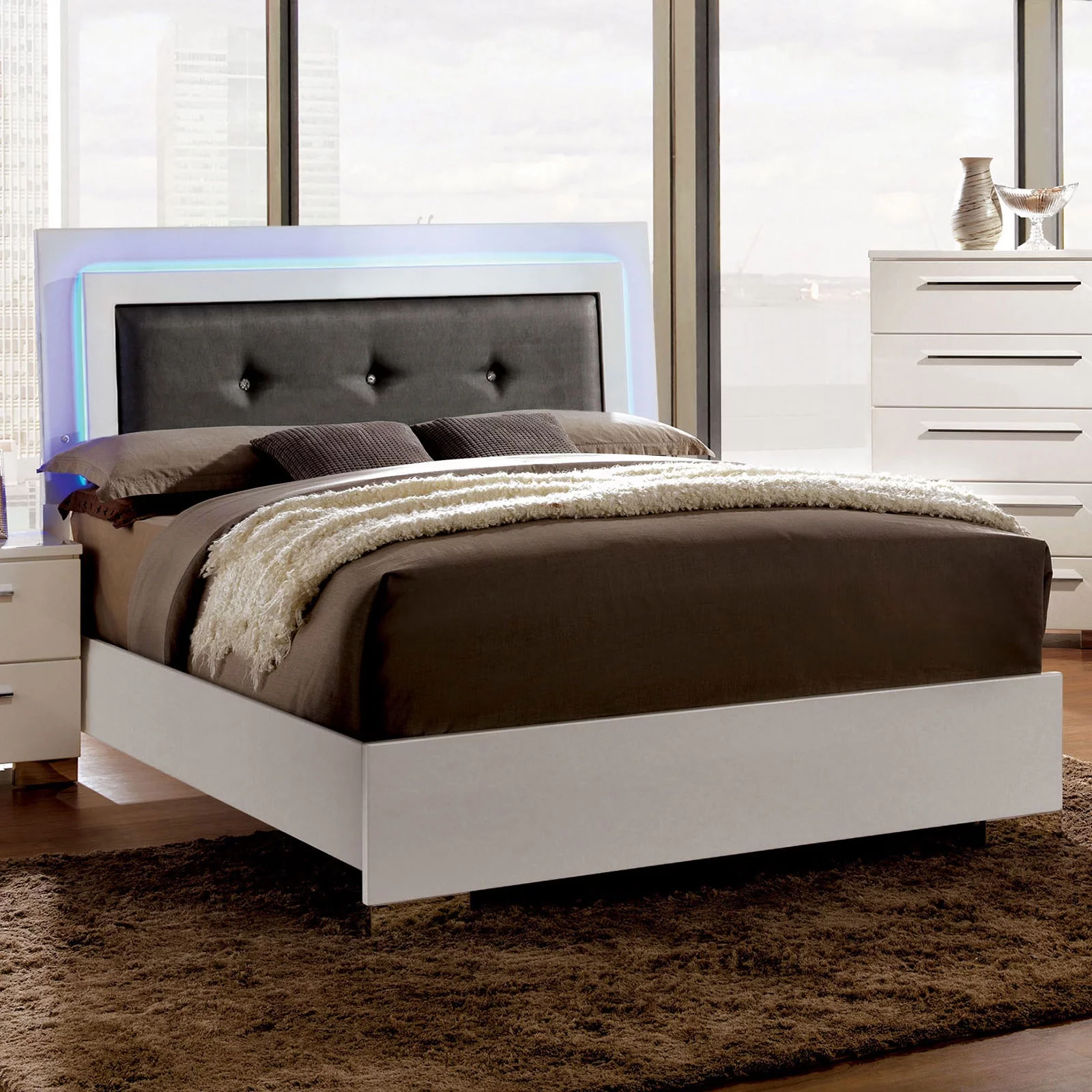Eastern King Size Bed Glossy white Lacquer Finish Chrome Legs 1pc Set Bedroom Furniture Solid wood Tufted HB