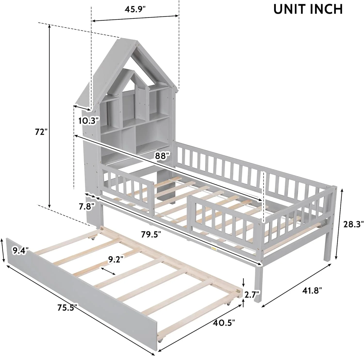 Size House Bed With Bookcase Headboard, Wooden Kids Bed Frame With Fence Guardrails And Trundle, Trundle Bed With Bookcase Shelves For Girls Boys,Grey