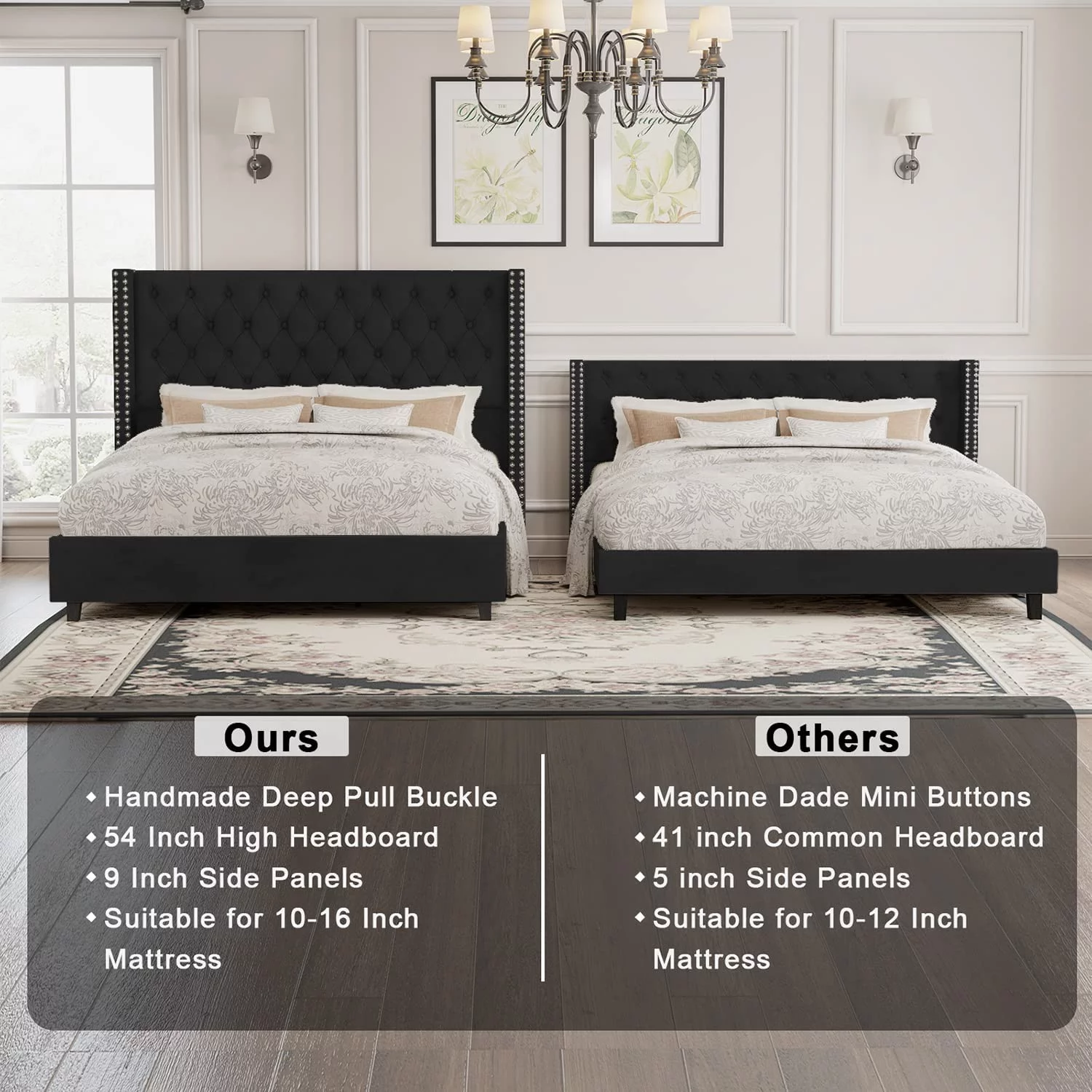 PaPaJet Bed Frame King Velvet Deep Tufted Upholstered Headboard 53