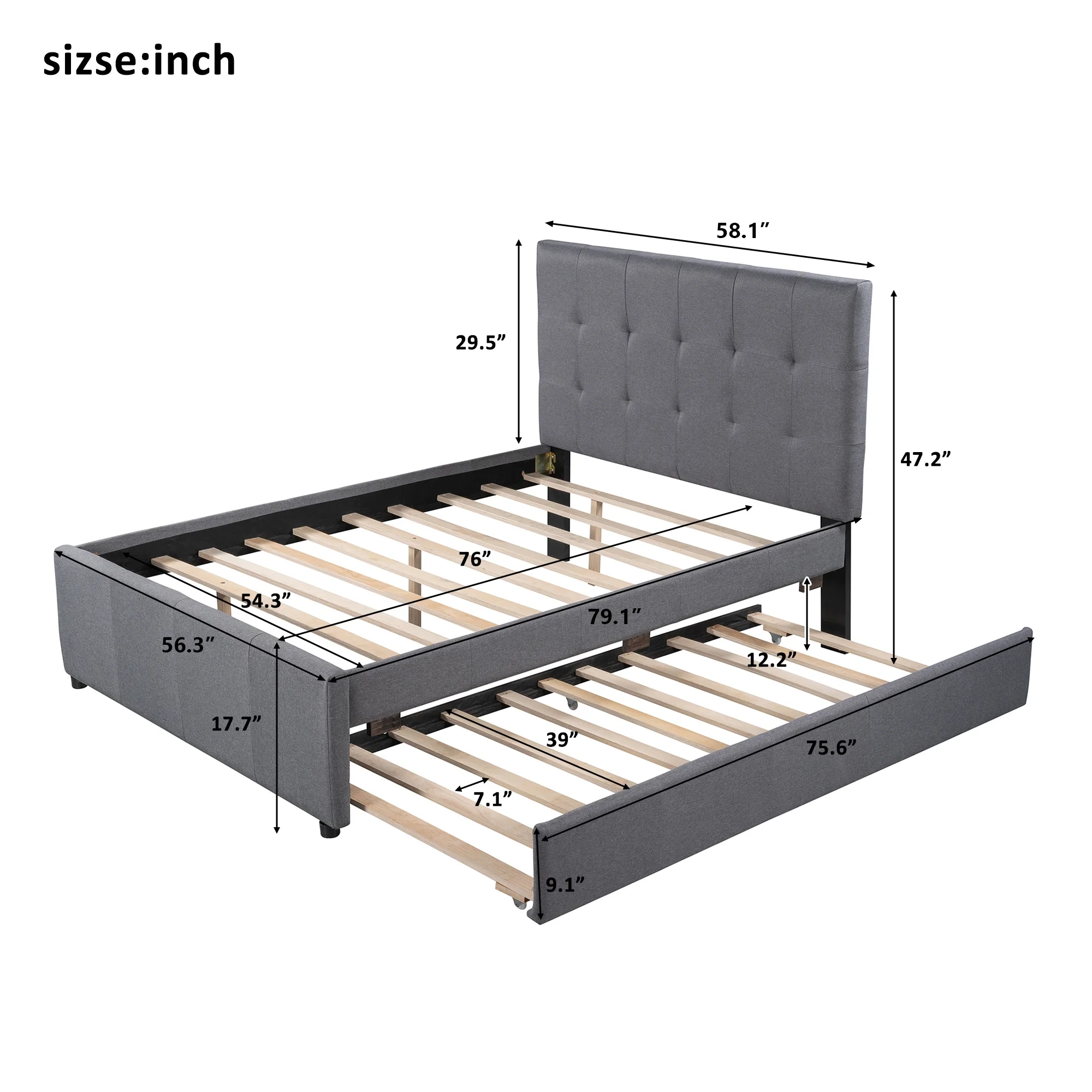 Dawn Whisper Linen Upholstered Platform Bed Full Size With Headboard and Trundle, Gray