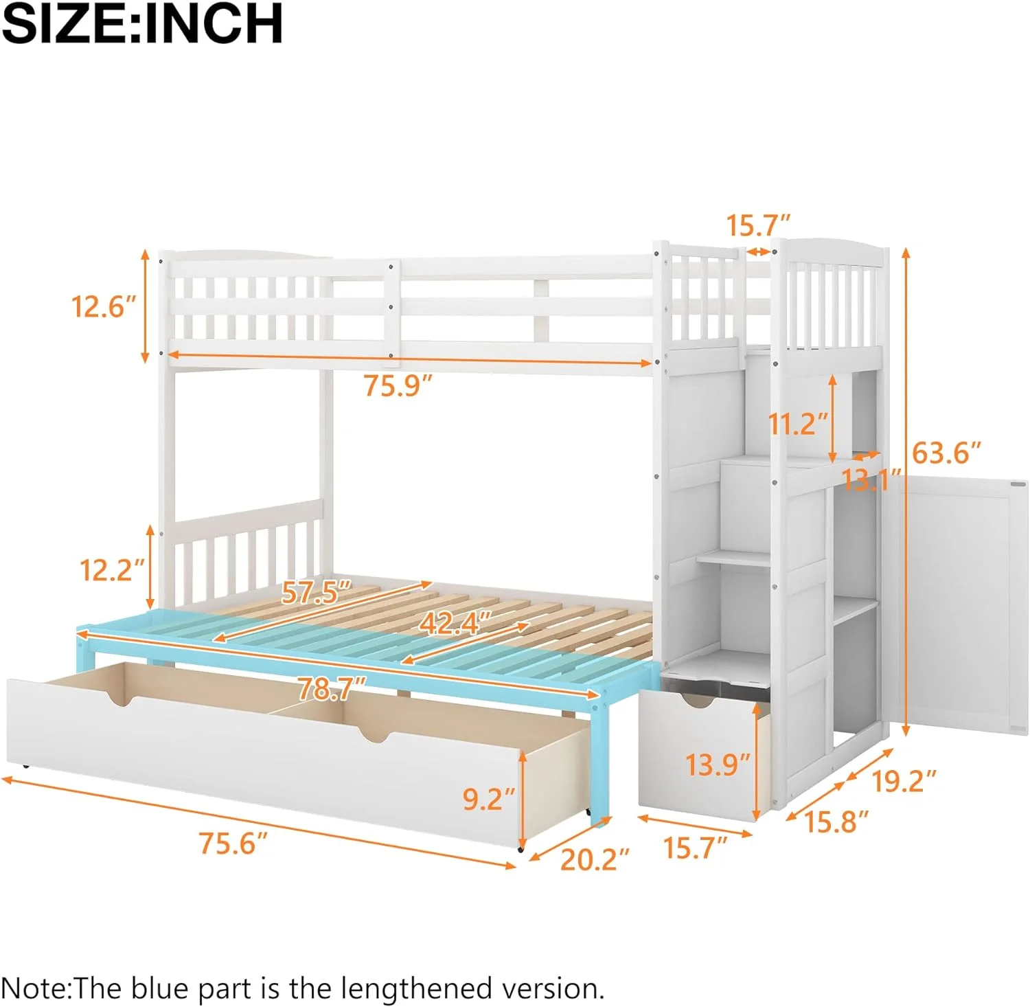 Over Full/ Buk Bed With Stairs, Covertible Bottom Bed, Woode Buk Bed With Storage Shelves Ad Drawers (White)