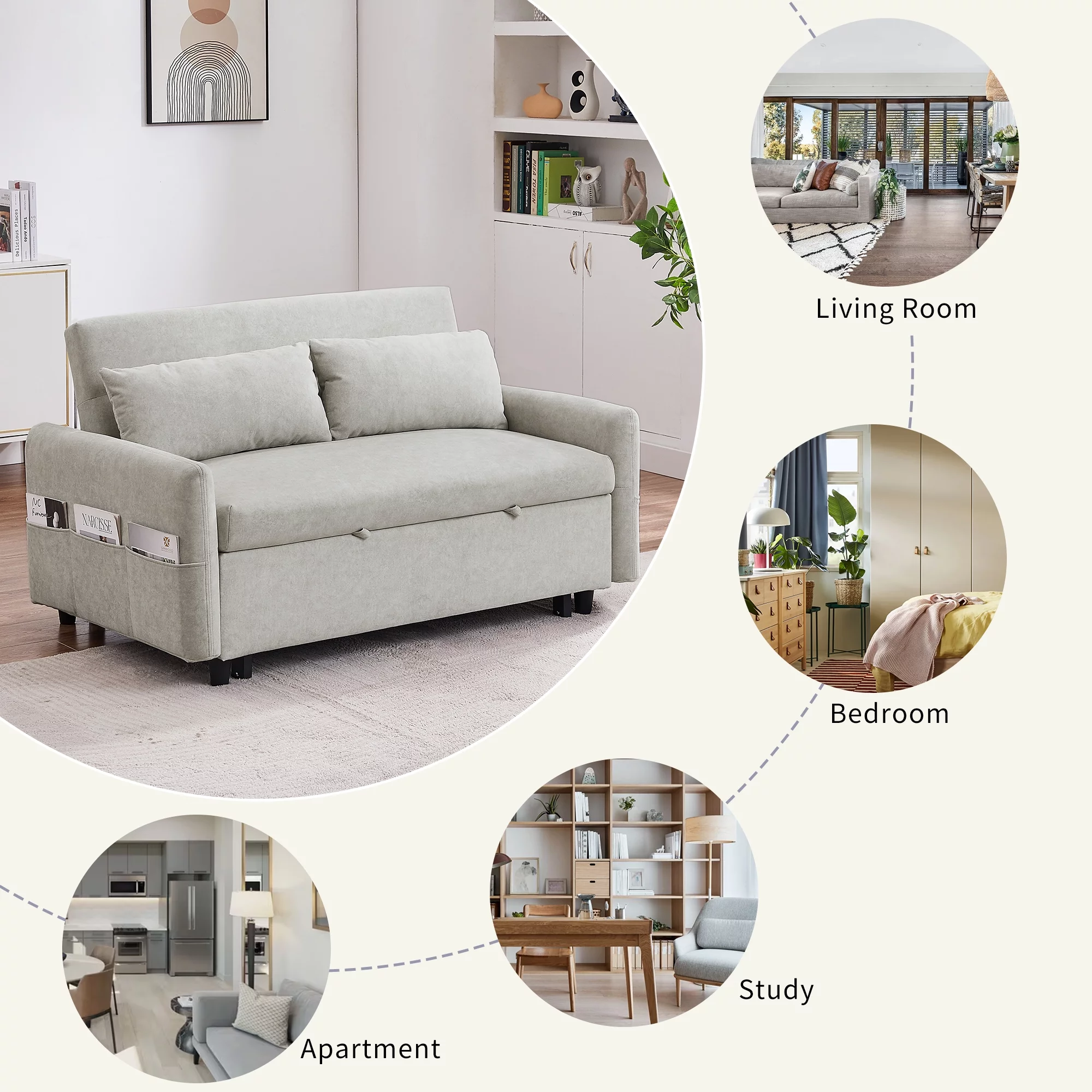4inLoveMe Microfiber Pull Out Sleep Sofa Bed with Adjustable Backrest, Storage Pockets, USB Ports