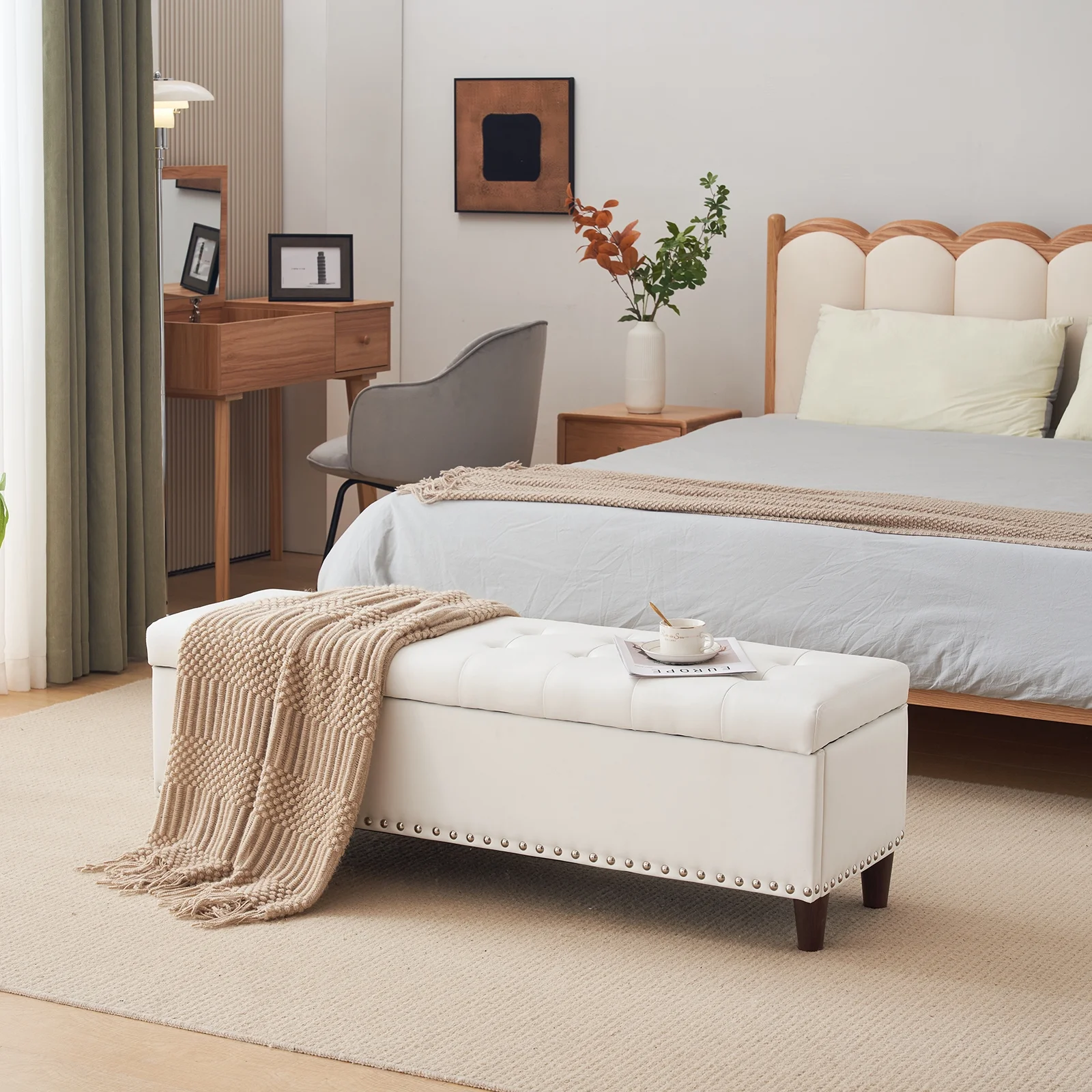 iRerts Storage Ottoman Bench, 51 Inches Entryway Bench with Storage, Linen Upholstered End of Bed Ottoman Bench with Storage and Seating, Storage Bench for Bedroom Living Room Hallway, Off-White