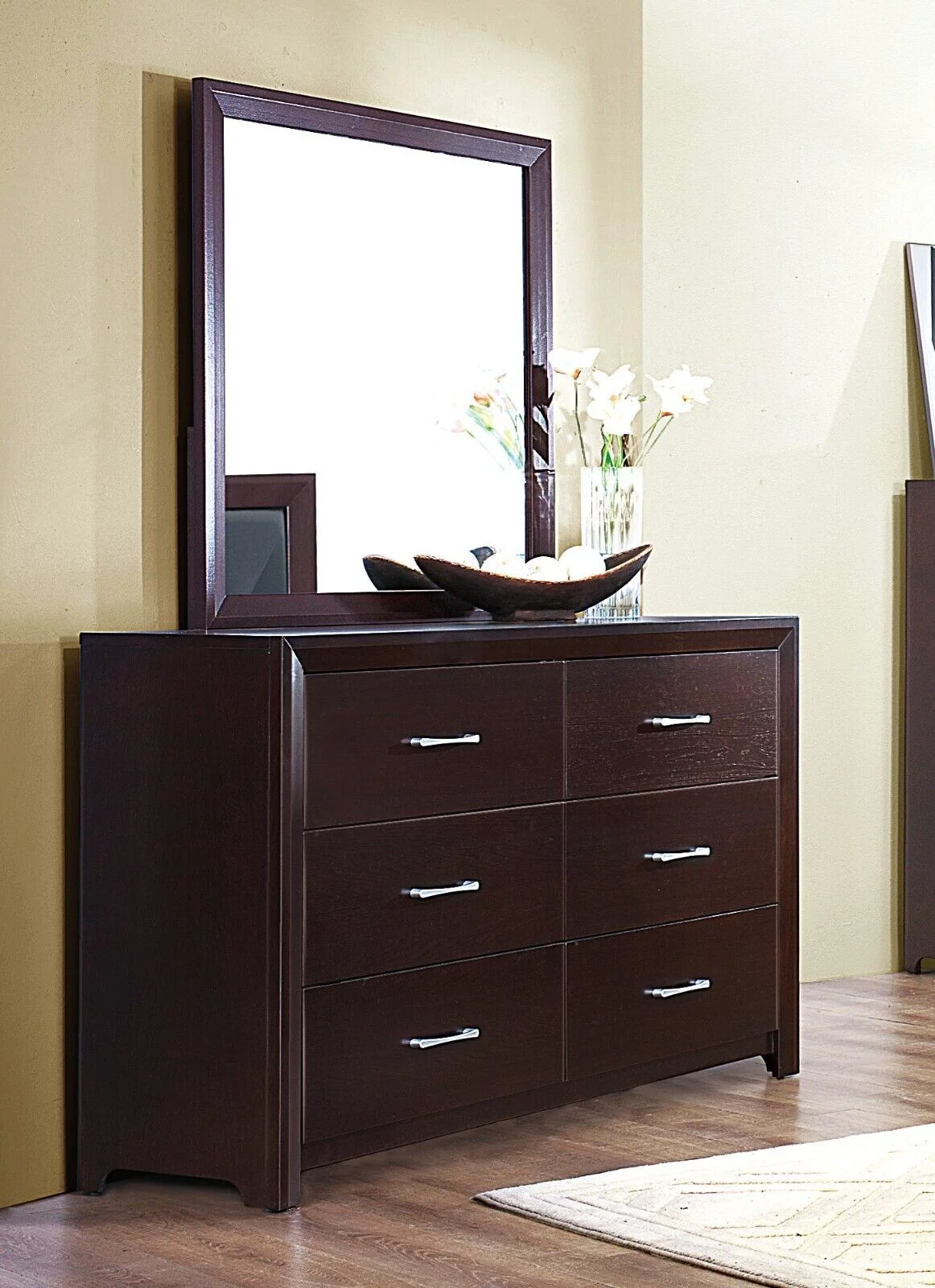 Espresso Finish Contemporary Bedroom 6pc Set Queen Bed Nightstands Chest Dresser Mirror
