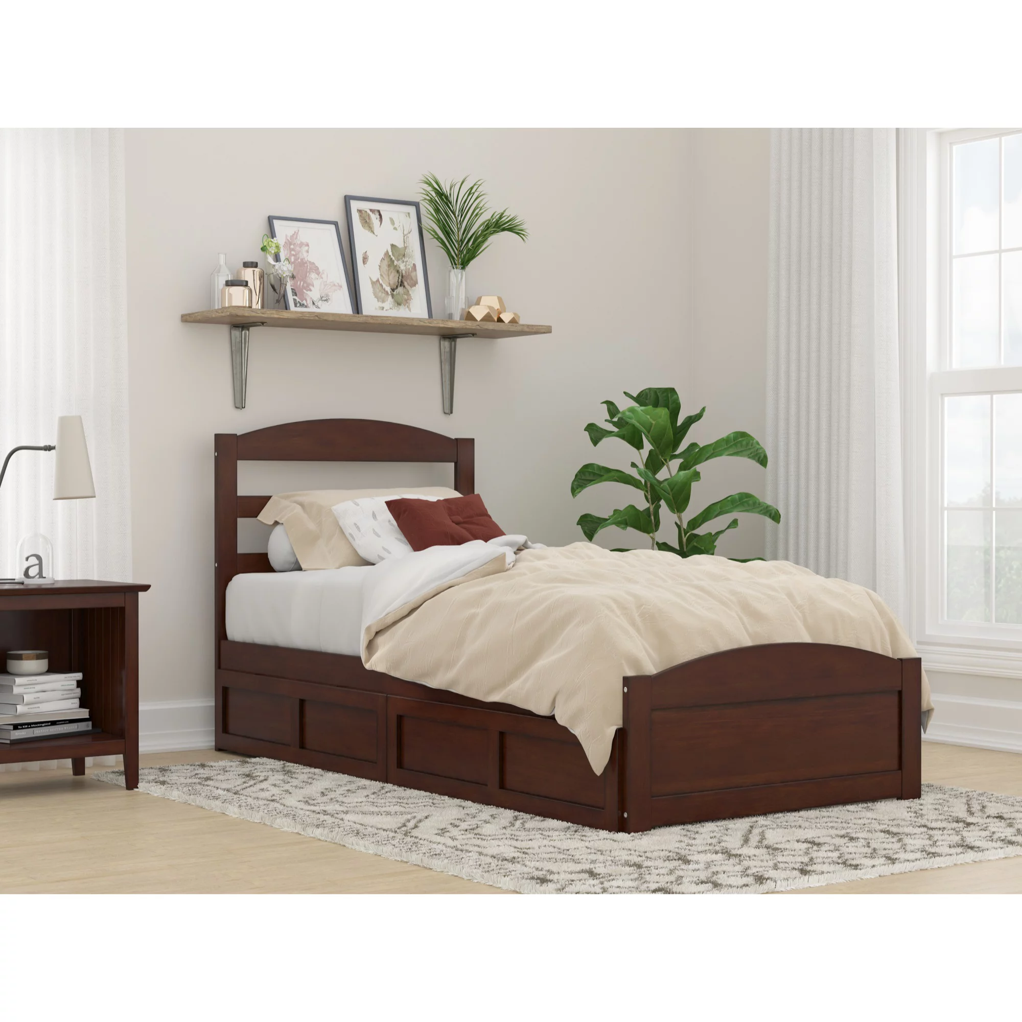 AFI Warren Solid Wood Twin Bed w/ Footboard & 2 Drawers in Walnut