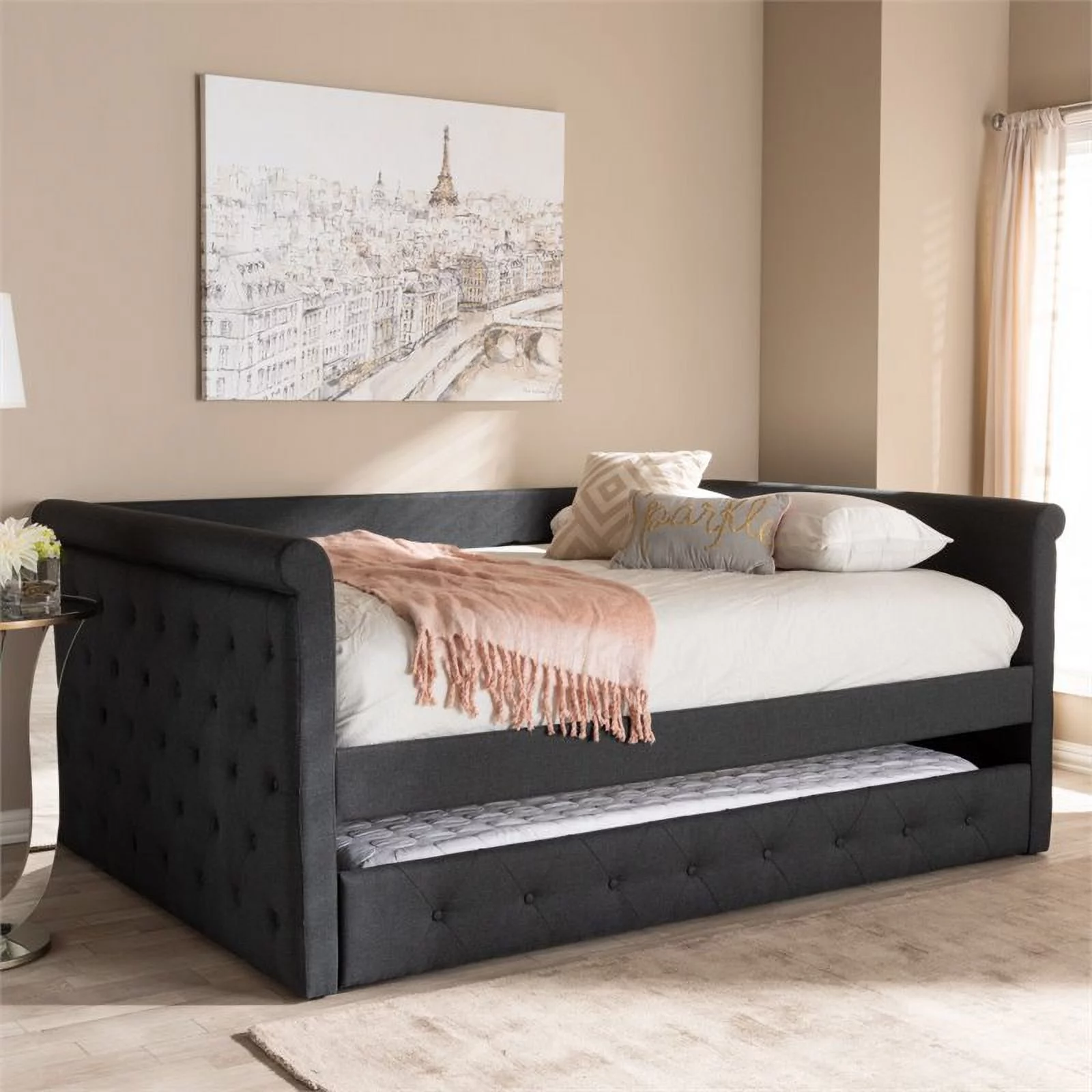 Bowery Hill Fabric Tufted Full Daybed with Trundle in Dark Gray