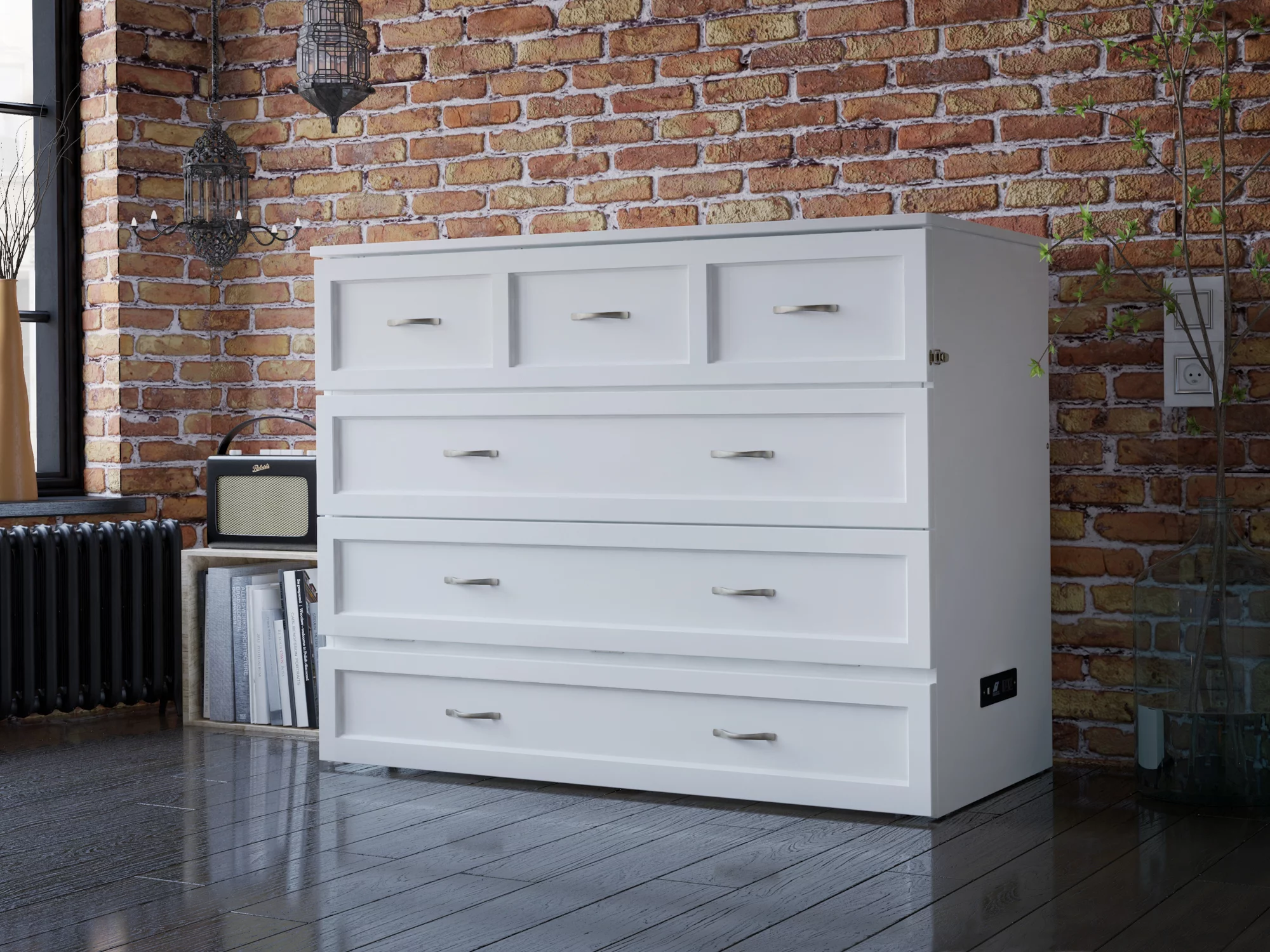 AFI Deerfield Full Solid Wood Murphy Bed Chest with Mattress, Drawer & Charger in White