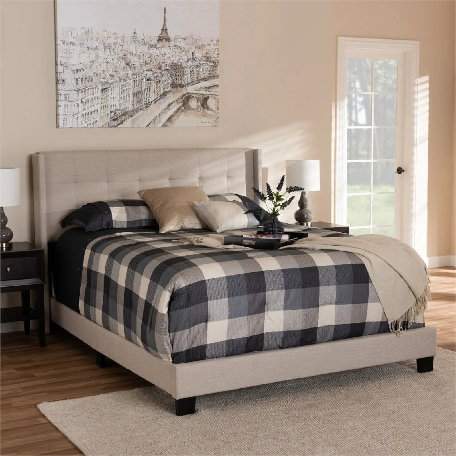 Bowery Hill Upholstered Fabric Tufted King Bed in Beige