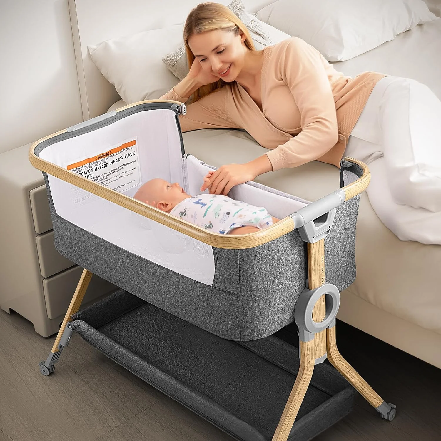 3 in 1 Baby Bassinet Bedside Sleeper, Breathable Mesh Safe Bedside Bassinet for Baby, Easy Assemble & Folding Portable Bassinet, 5 Height Adjustable Bedside Crib with Storage Basket, Mattress, Wheels