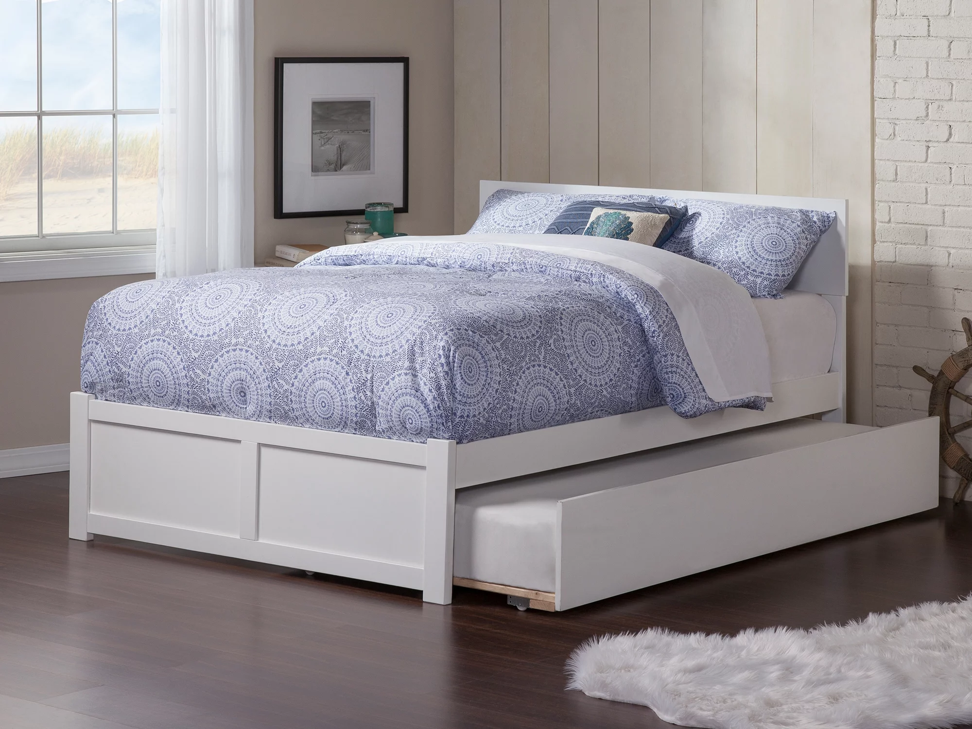 AFI Orlando Queen Wood Platform Bed with Headboard Footboard & Twin XL Trundle, White