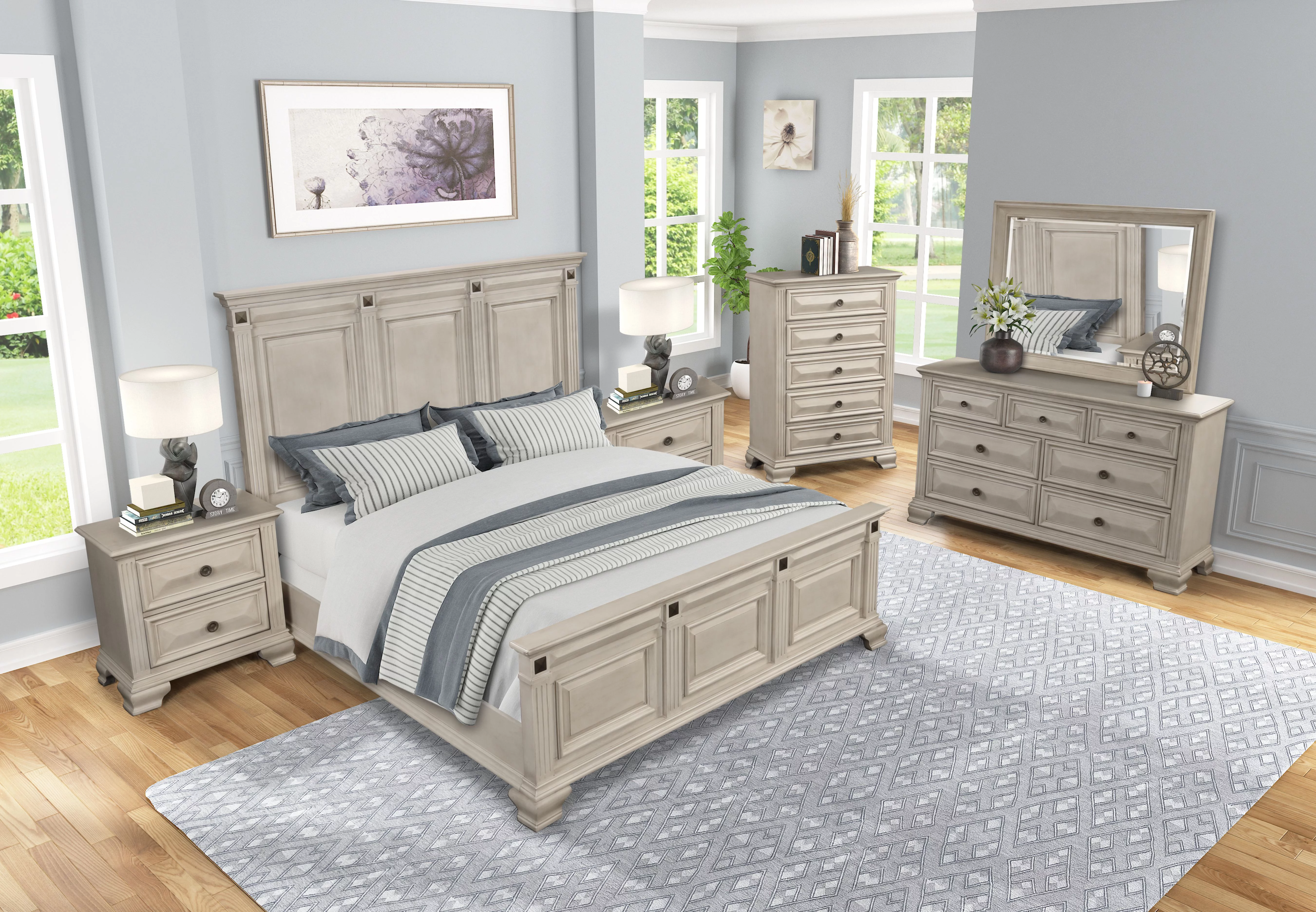Renova Distressed Parchment Wood Bedroom Set, King Panel Bed, Dresser, Mirror, Two Nightstands, Chest