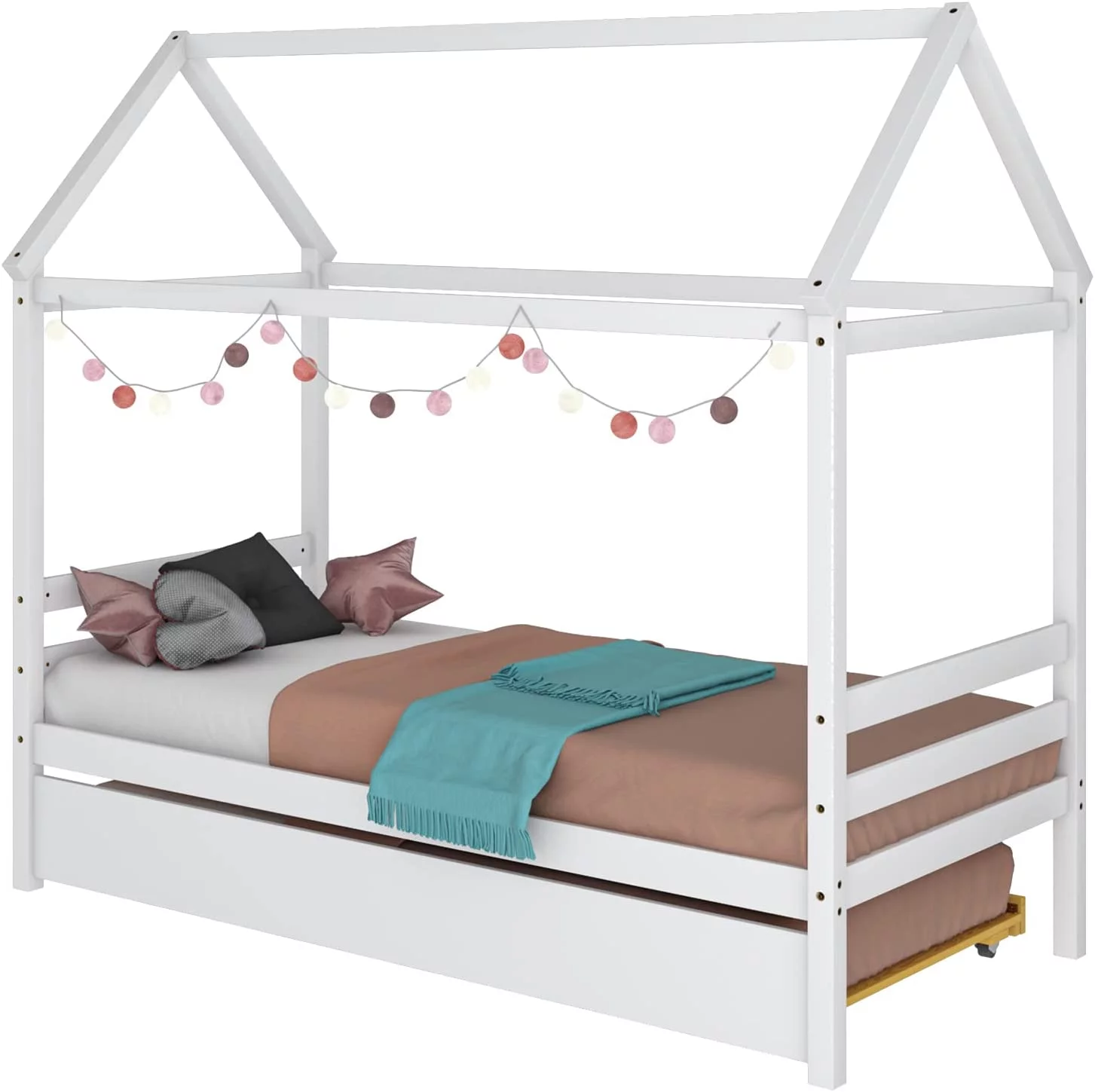 House Bed with Trundle, Solid Wood Twin Size Daybed for Girls & Boys, Kids Platform Bed Frame with Roof for Bedroom, No Box Spring Needed, White