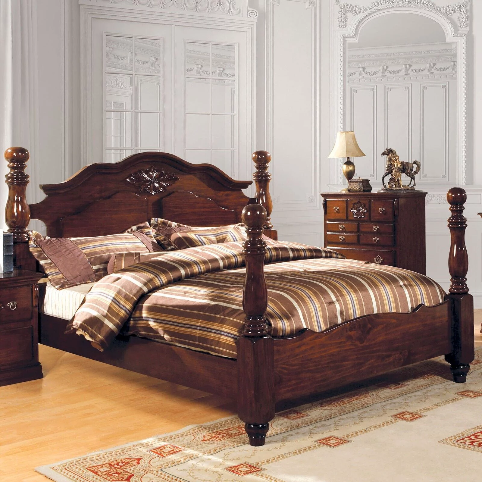 Classic Traditional Bedroom Furniture Queen Size Bed 1pc Set Headboard Footboard Posts Glossy Dark Pine Bedframe
