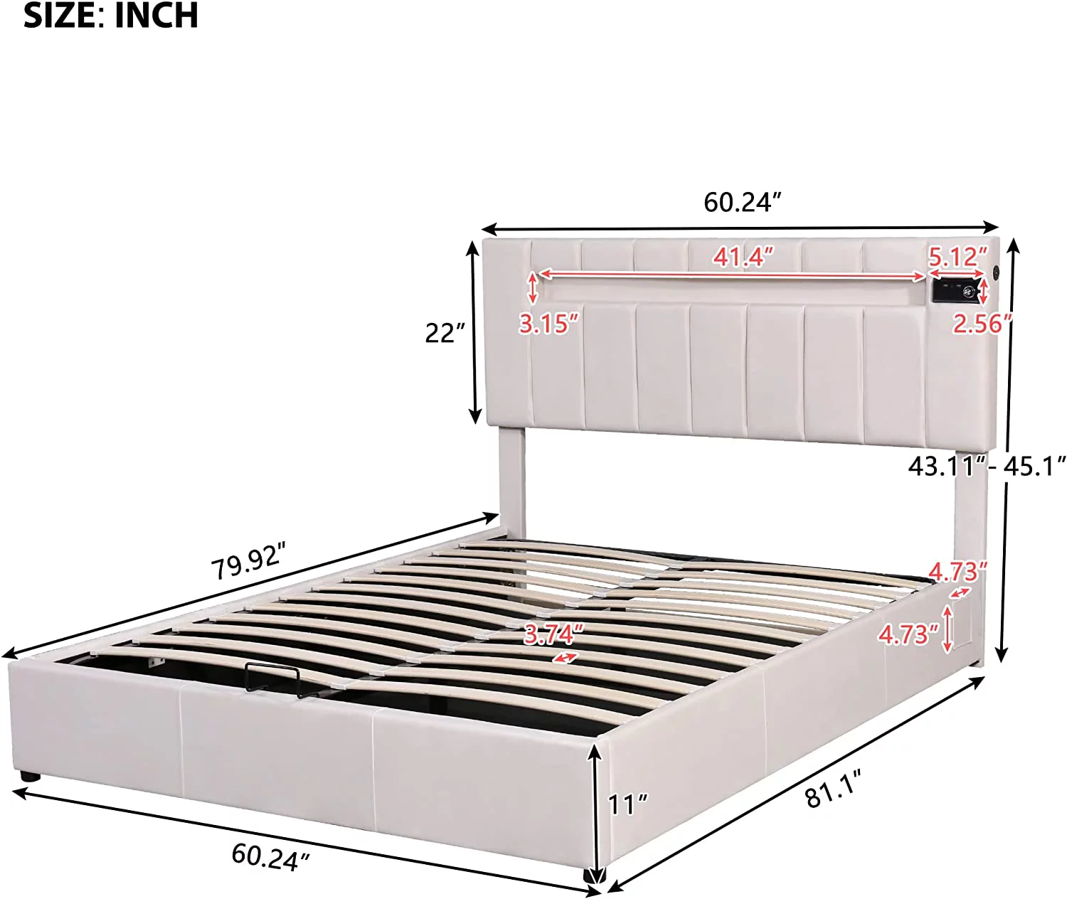Upholstered Queen Platform Bed With LED Headboard, Bluetooth Player And USB Charging, Velvet Fabric Queen Size Bed With Lift Up Storage, No Box Spring Needed (Beige)
