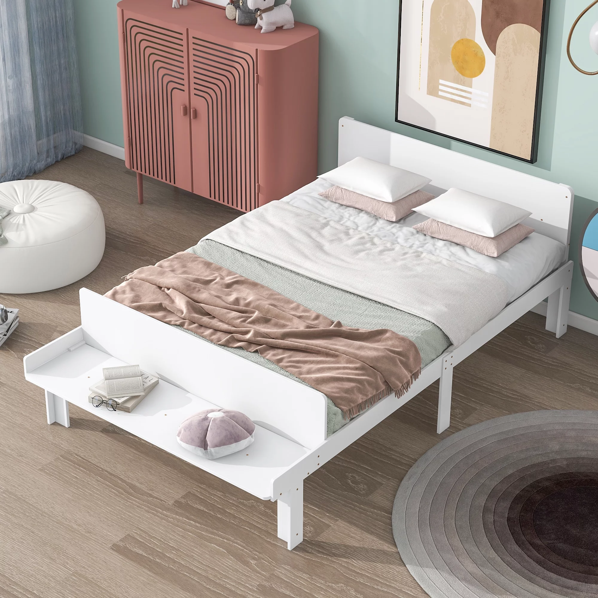 Full Size Bed Frame with Footboard Bench - Stylish Bed Frame with Headboard, Functional Bedroom Furniture-White