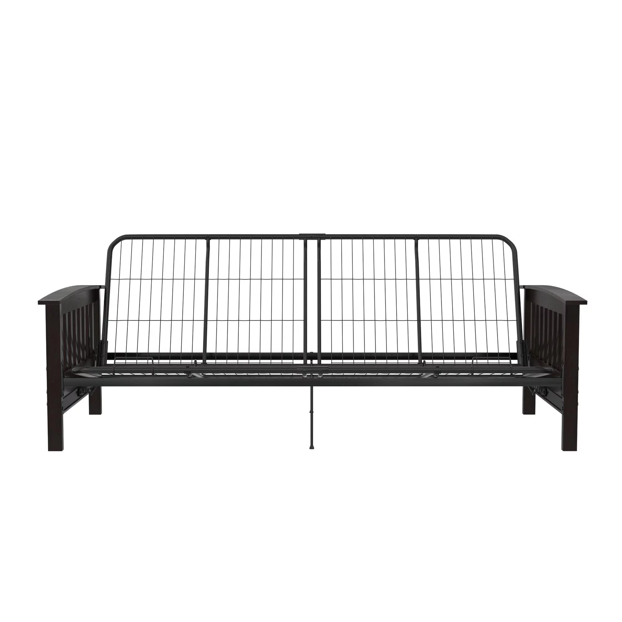 RealRooms Elbi Full Size Wood Arm and Black Metal Futon Frame, Espresso