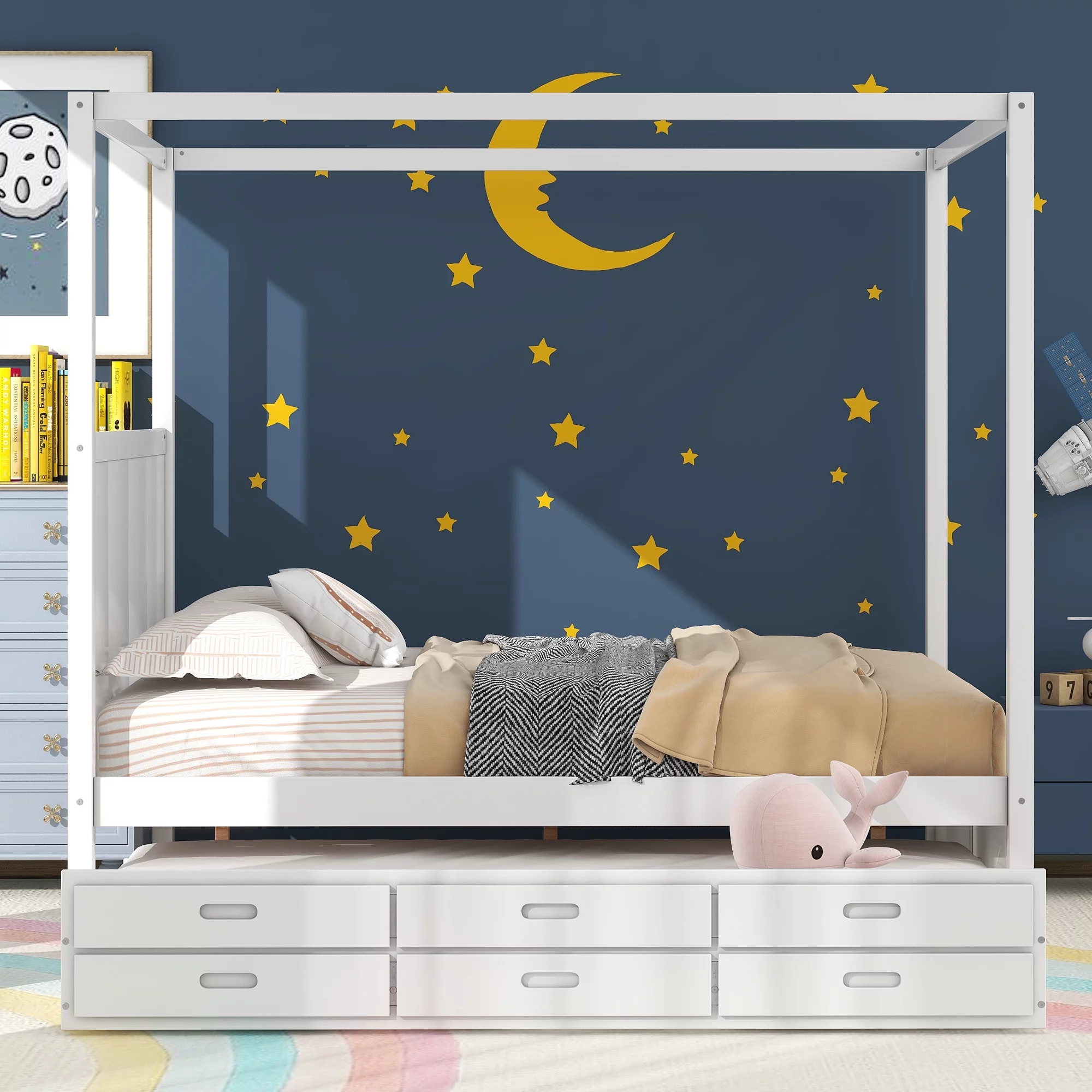 Leadzm Queen Size Canopy Platform Bed with Twin Size Trundle and Three Storage Drawers,White