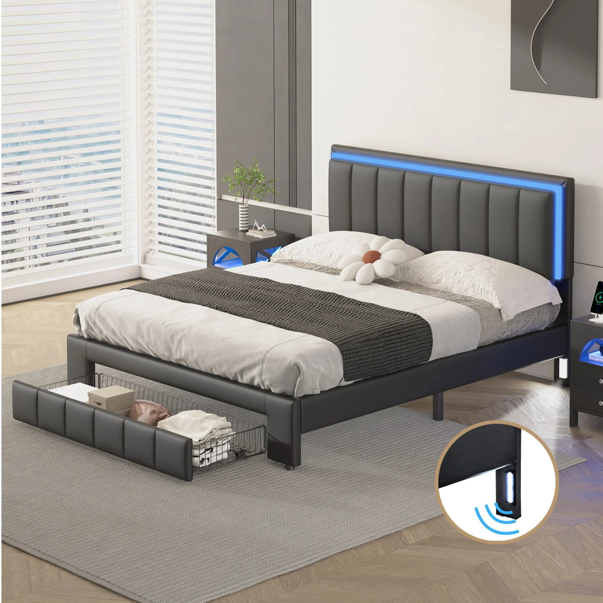 CoSoTower Upholstered Platform Bed with LED Lights and Two Motion Activated Night Lights,Queen Size Storage Bed with Drawer, Black