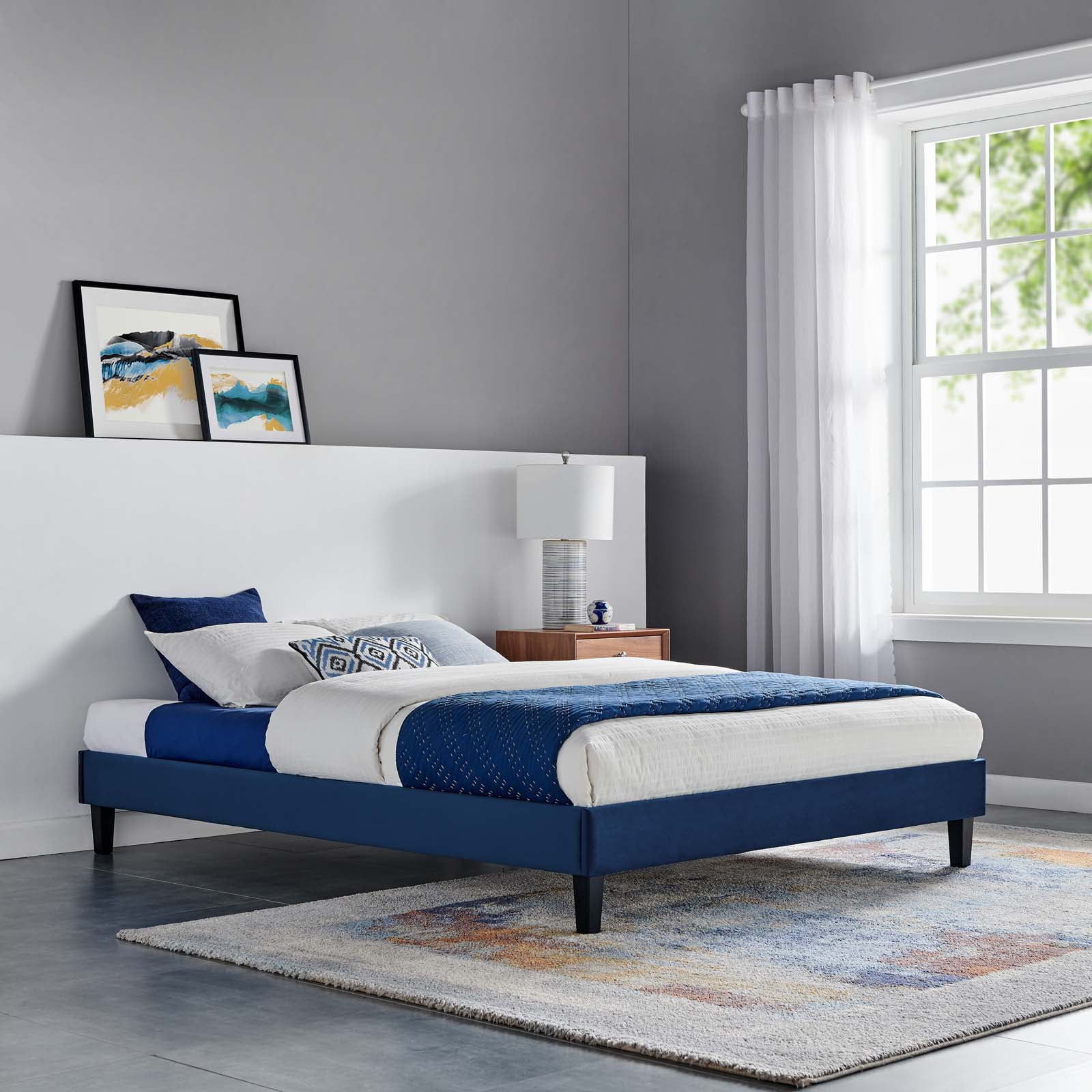 Platform Bed Frame, Twin Size, Velvet, Blue Navy, Modern Contemporary Urban Design, Bedroom Master Guest Suite
