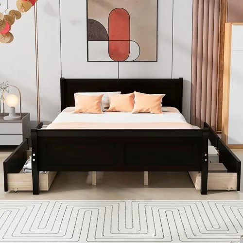 LLBIULife Harper & Bright Designs Twin Bed Twin Size Platform Bed with 4 Drawers and Streamlined Headboard & Footboard Solid Wood Bed Frame for Teens Adults (Gray)