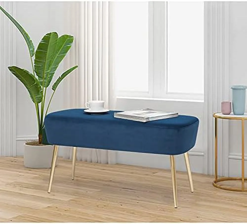 KHBIULIFE Upholstered Velvet Blue Ottoman Bench 35 inch Entryway Bench End of Bed Bedroom Footrest Stool with Golden Metal Legs for Bedroom Living Room