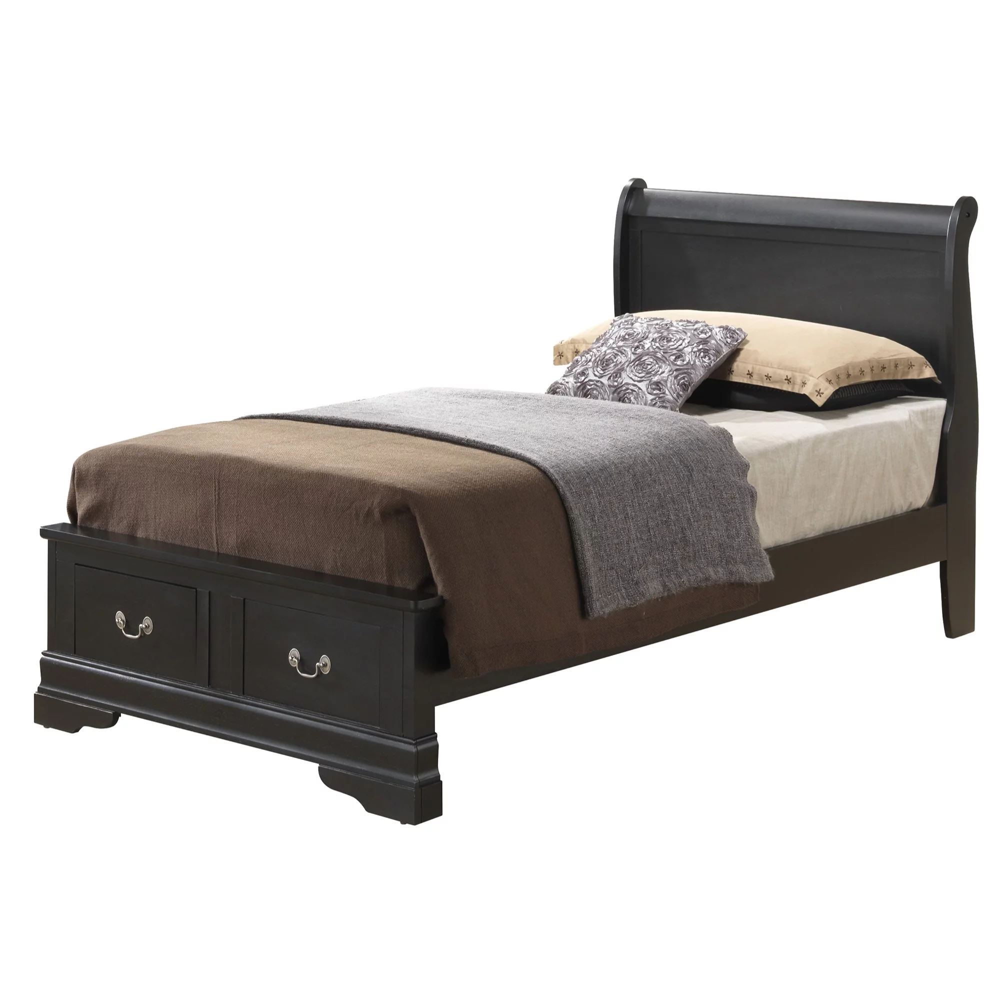 Passion Furniture 44 x 84 x 41 in. Louis Philippe Storage Sleigh Bed, Black - Twin Size