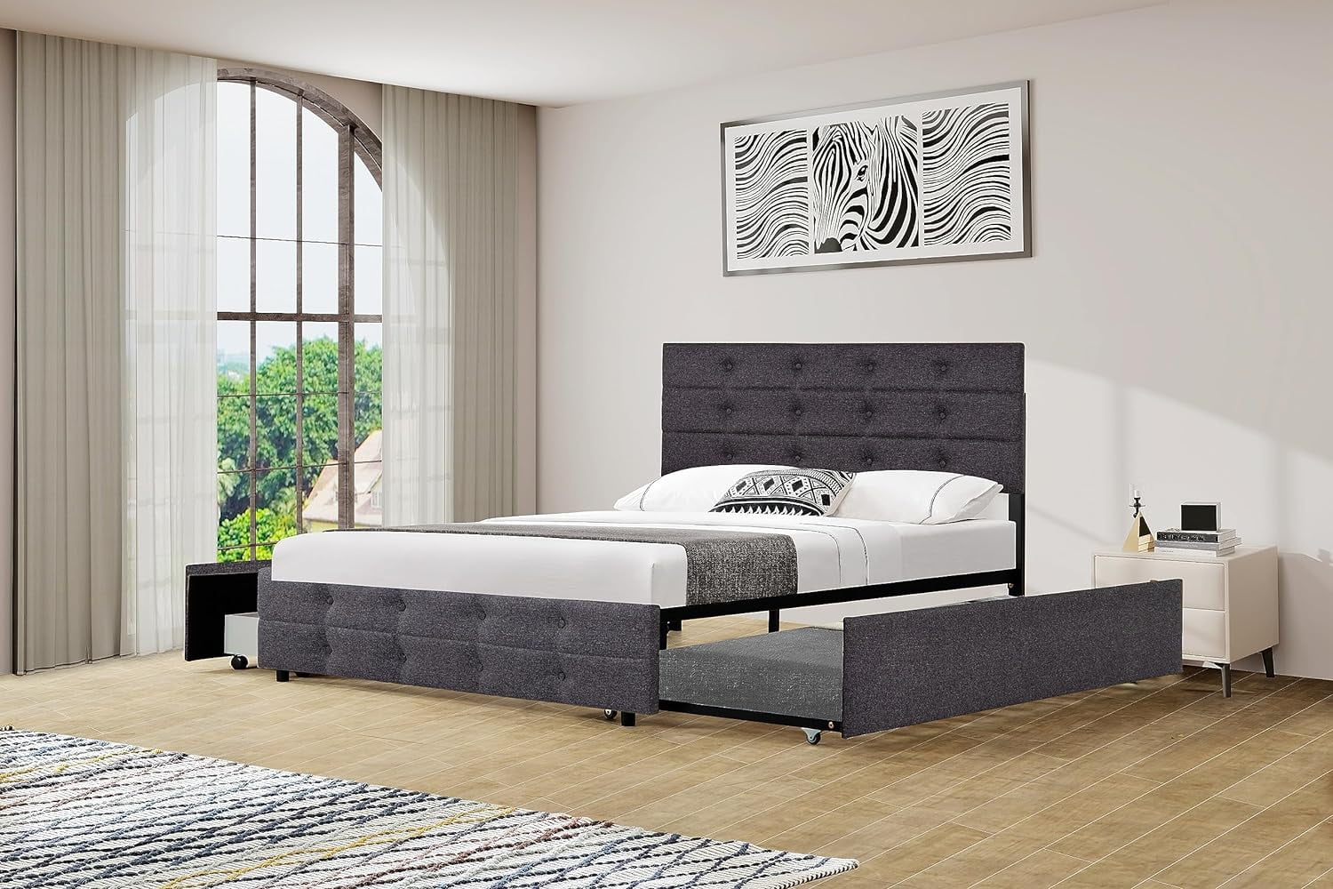 Queen Size Platform Bed, Upholstered Queen Size Bed With Trundle Bed And Drawers, Linen Fabric, Gray