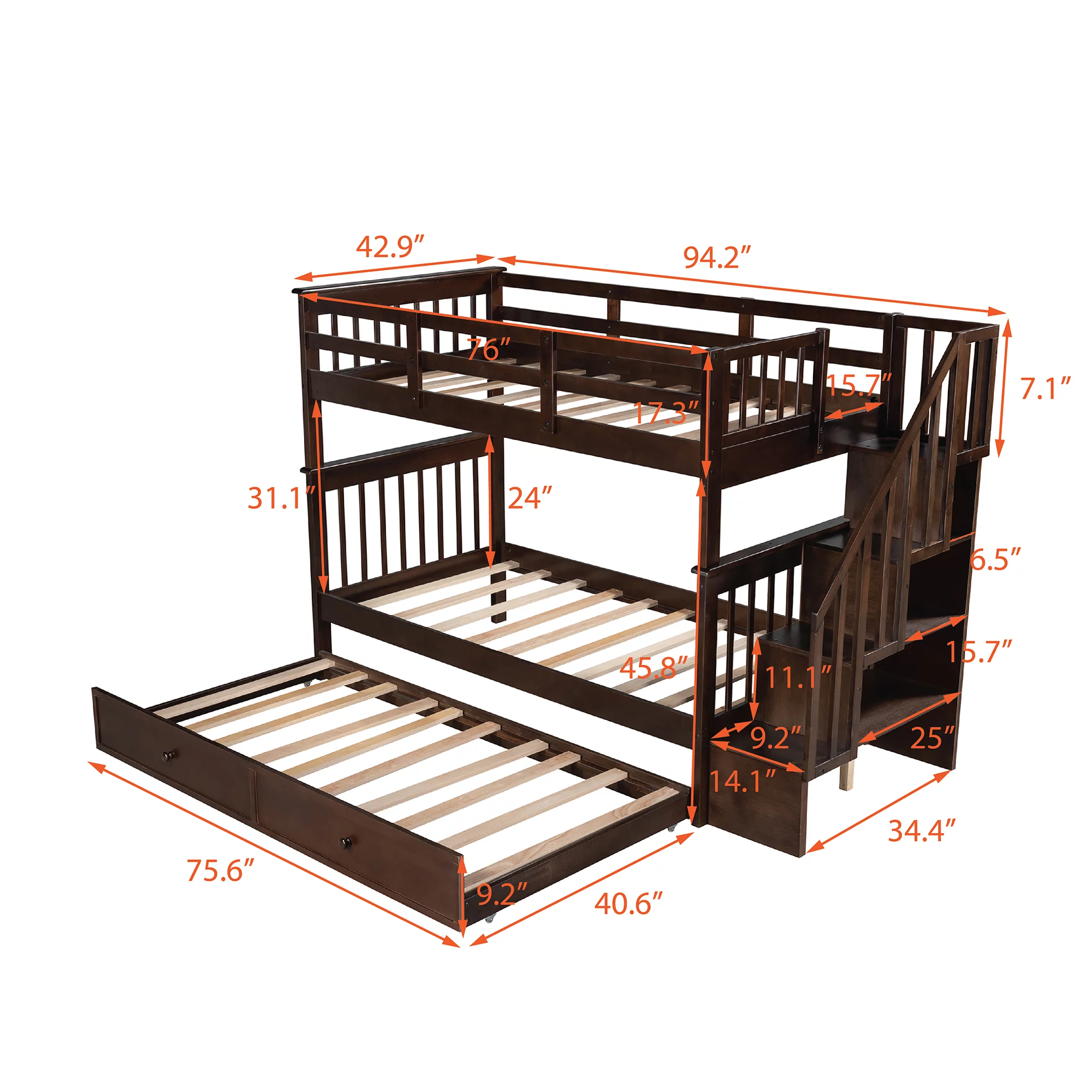 Stairway Bunk Bed with Twin Trundle, Pine Wood Frame and Stairway with Storage and Guard Rails for Kids, Teens, Boys and Girls, No Box Spring Needed