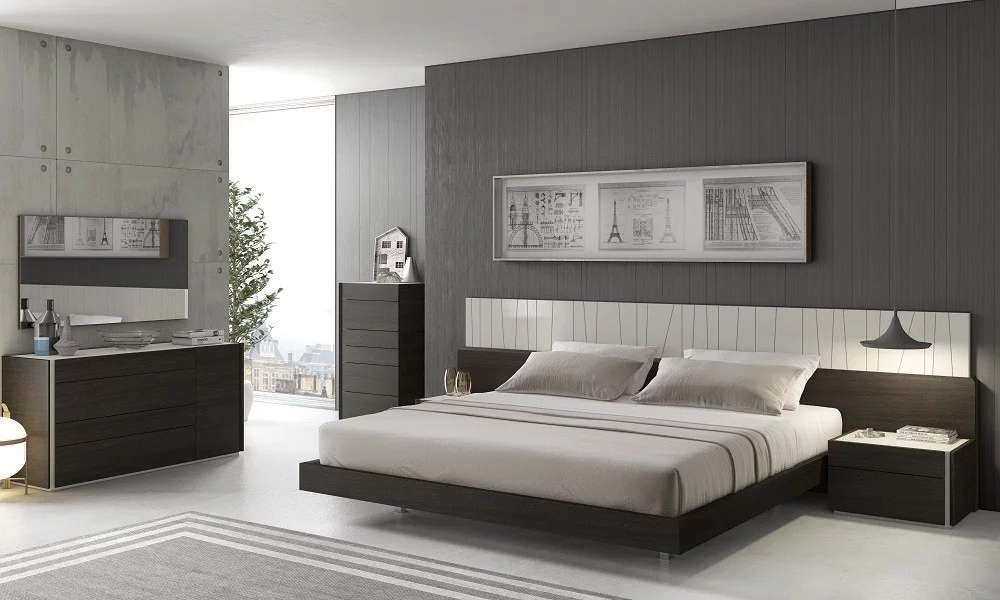J&M Furniture Porto Premium Bedroom Set in Wenge with Light Grey with 6 piece queen bed, chest, dresser, mirror and 2 nightstand, queen bedroom set