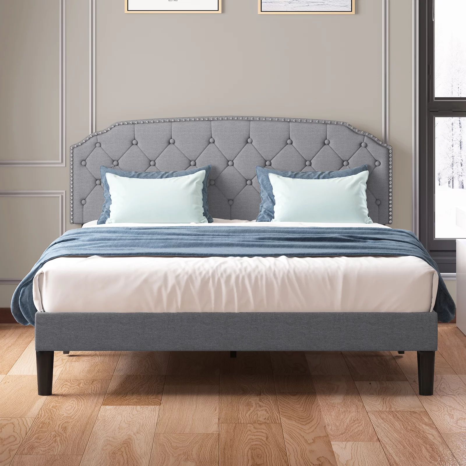 Mixoy Queen Size Upholstered Platform Bed Frame with Curved Rhombic Button Tufted Adjustable Headboard, Wood Frame, Light Gray Linen Fabric