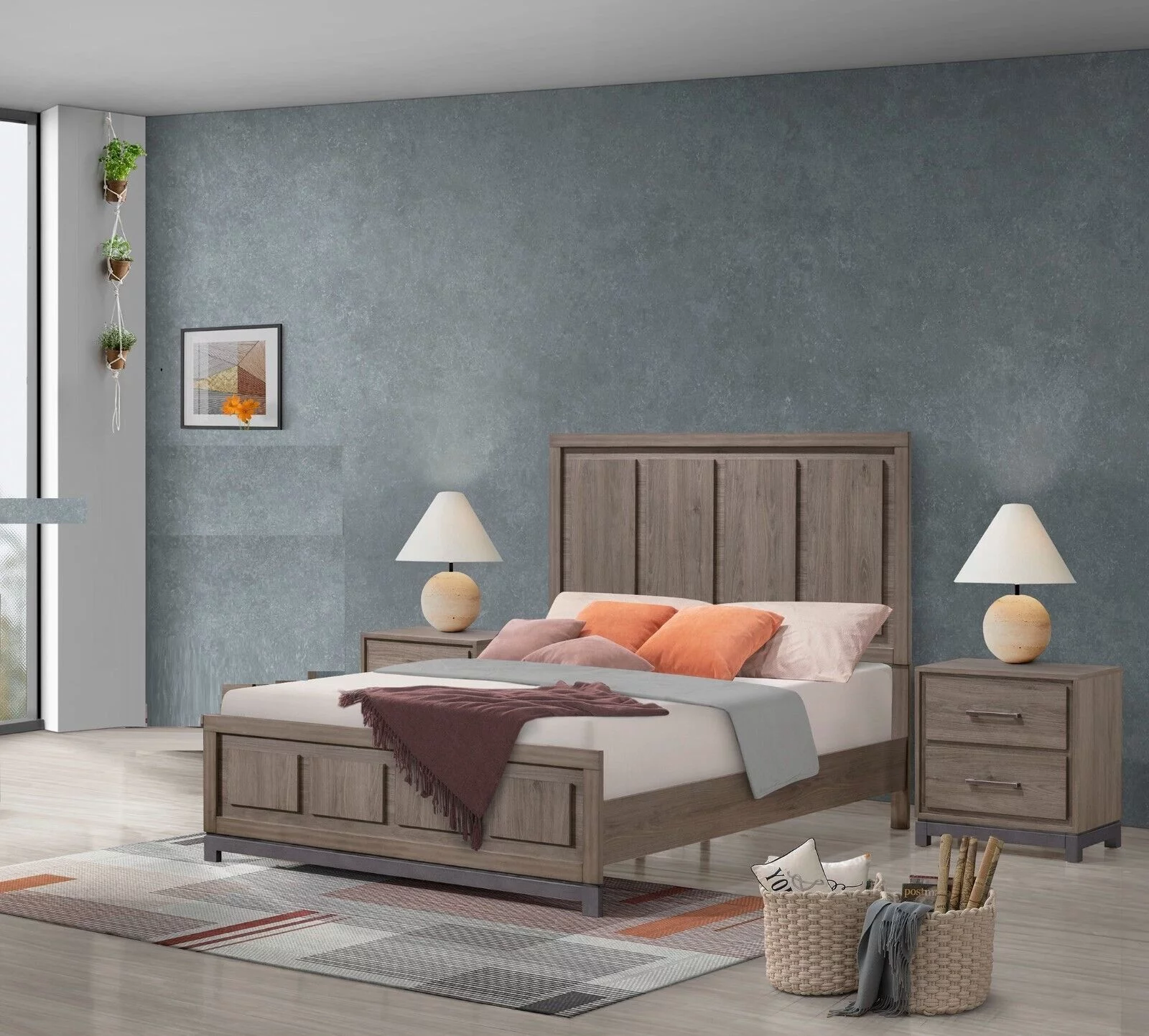 3Pc Contemporary Bedroom Set Brown Wood Finish King Size Bed 2x Nightstand Furniture