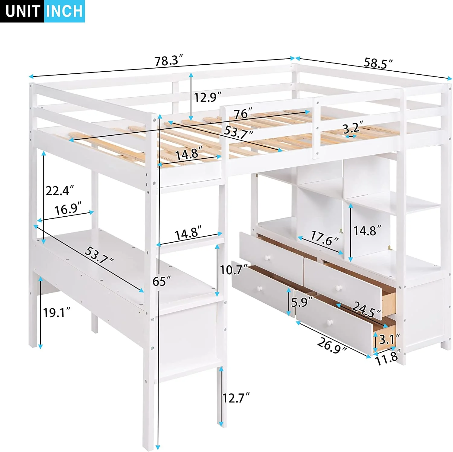 Full Size Loft Bed With Desk Ad 2 Drawers, Solid Wood Full Loft Bed With Storage Shelves Ad Drawers For Girls Boys Tees Adults,o Box Sprig eeded,White