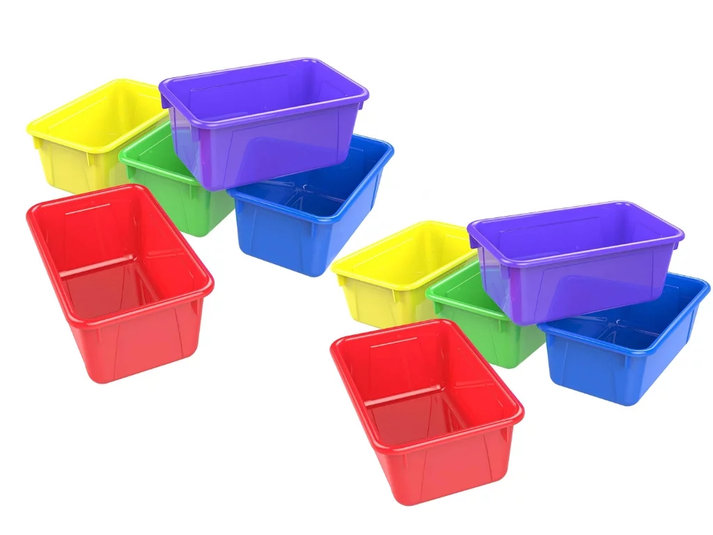 Storex Small Cubby Bin, Plastic Storage Container Fits Classroom Cubbies, Assorted Colors (Red, Yellow, Green, Blue, Purple), 10 units