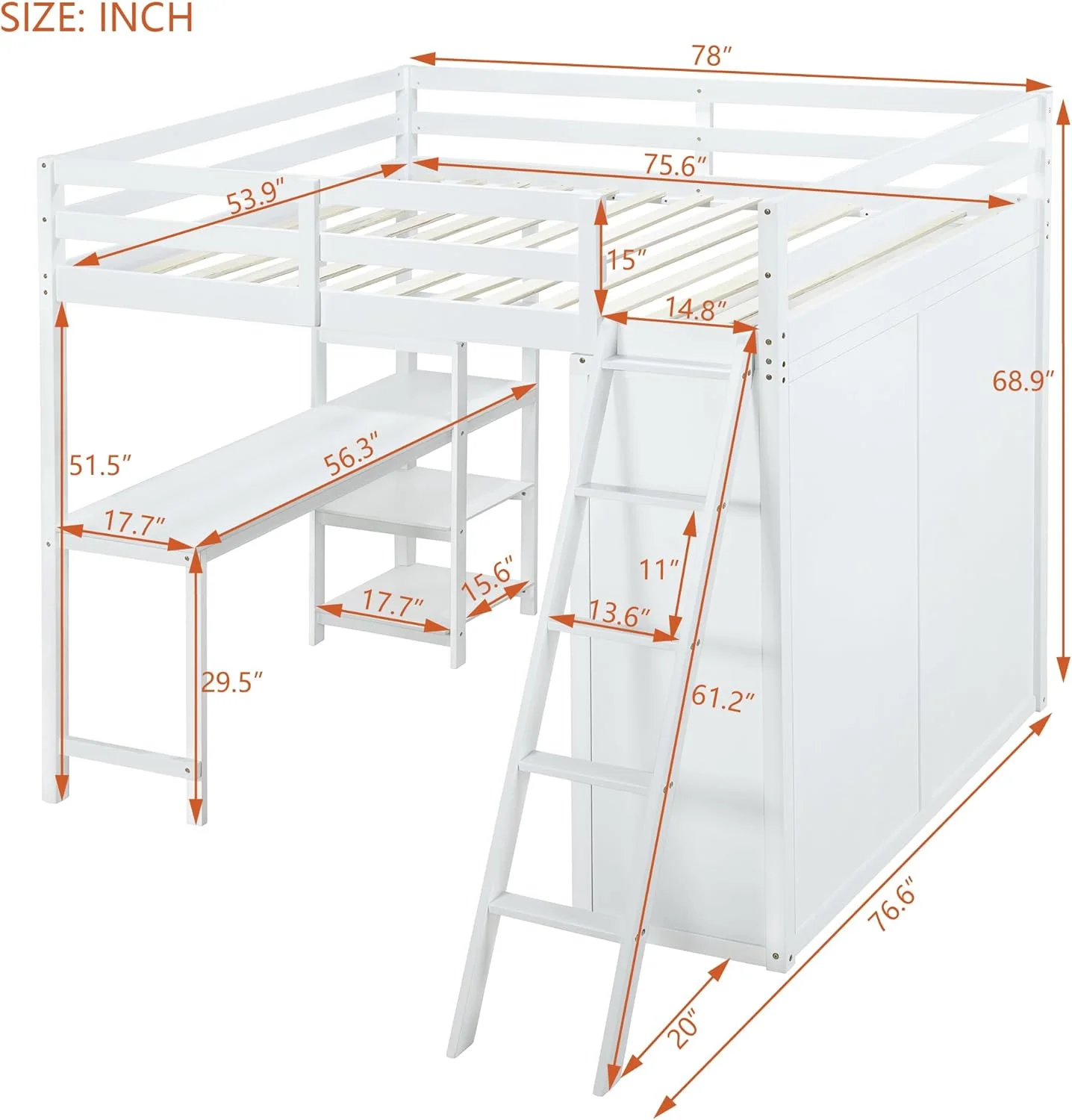 Full Size Loft Bed With Storage Wardrobe, Wood Loft Bed With Desk And Shelves, High Loft Bed Frame With Ladder For Kids Teens Boys Girls, White