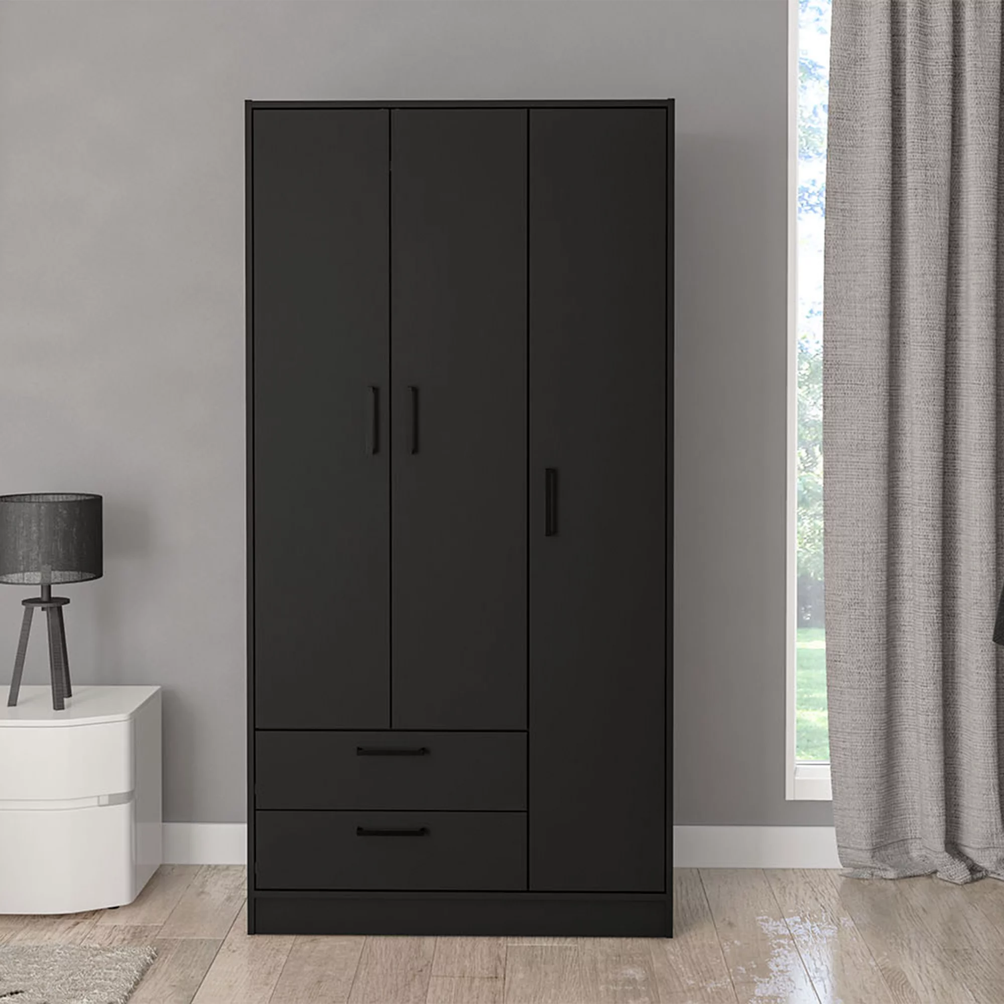 Boahaus Koblenz Modern Bedroom Armoire, 3 Opening Doors, Black, Manufactured Wood