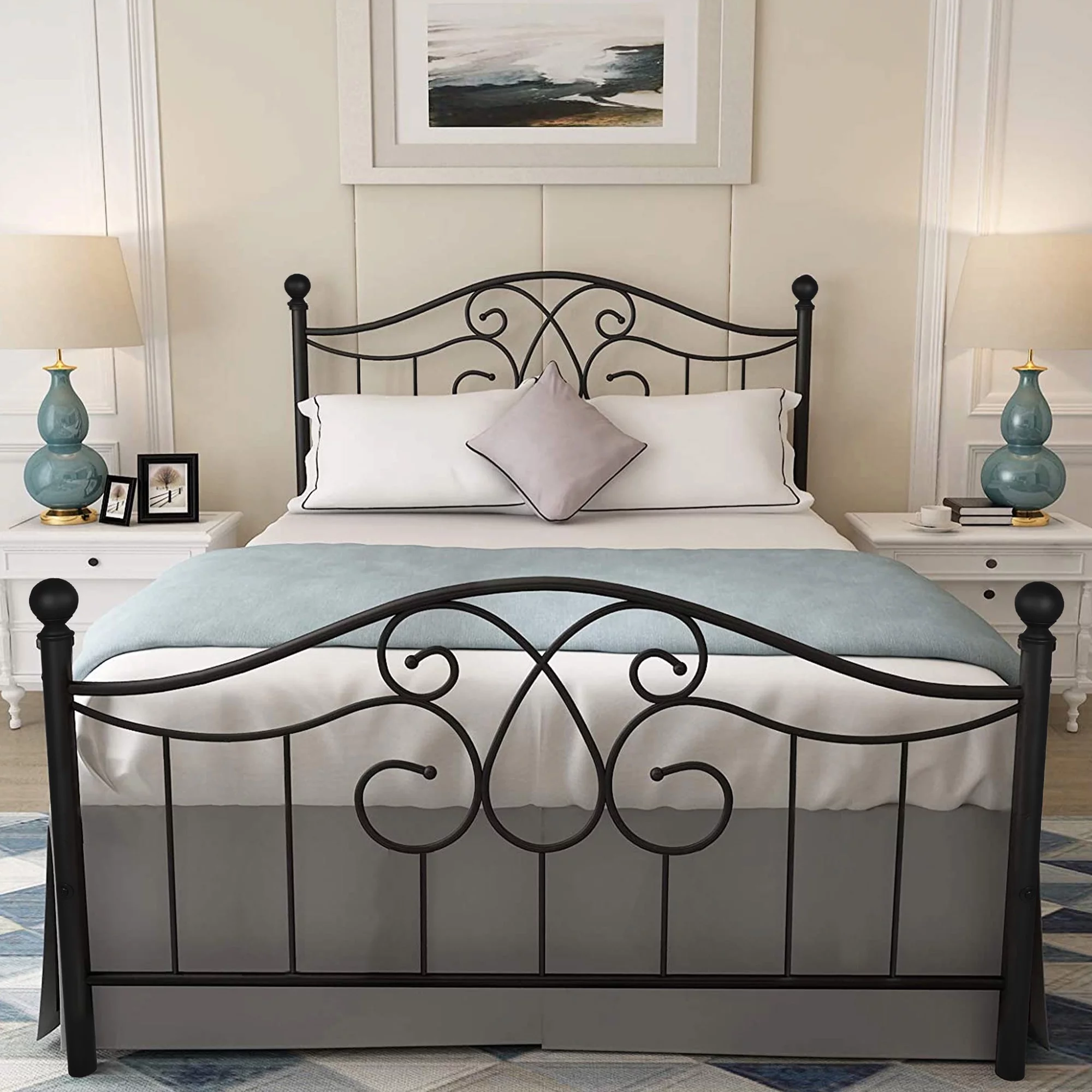 Kuurfuurdo Queen Size Metal Platform Bed Frame with Vintage Headboard and Footboard, Black